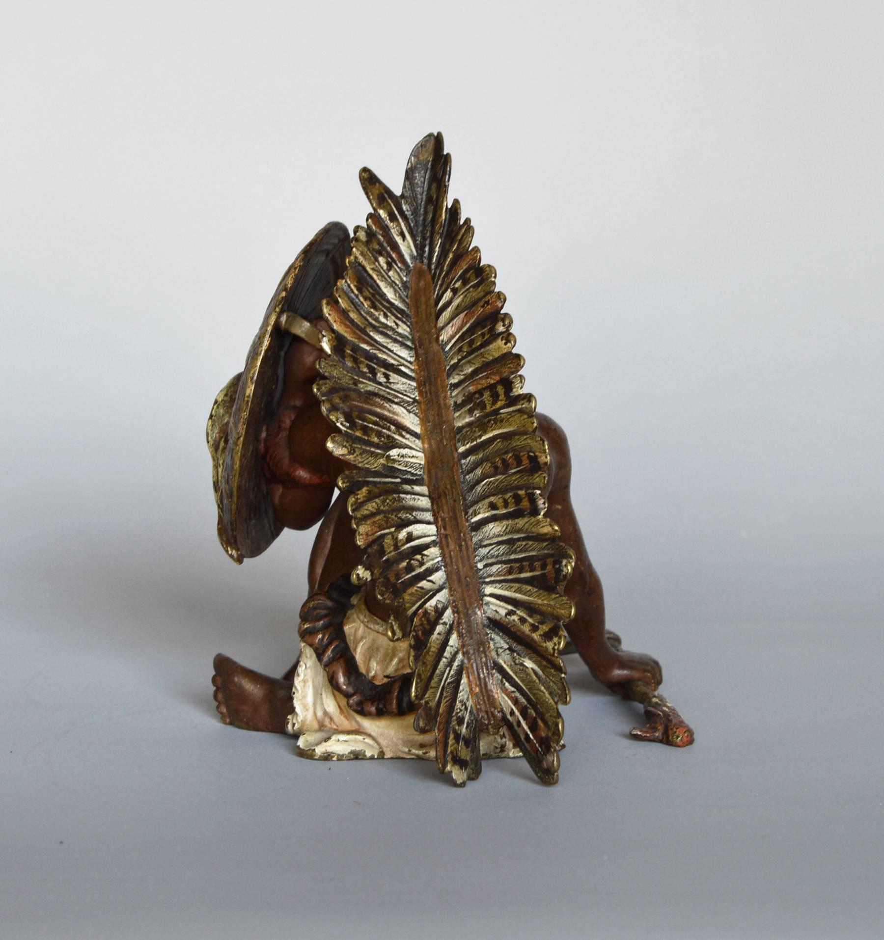Native American Indian Sitting, bronze sculpture - Victorian Sculpture by Franz Bergmann