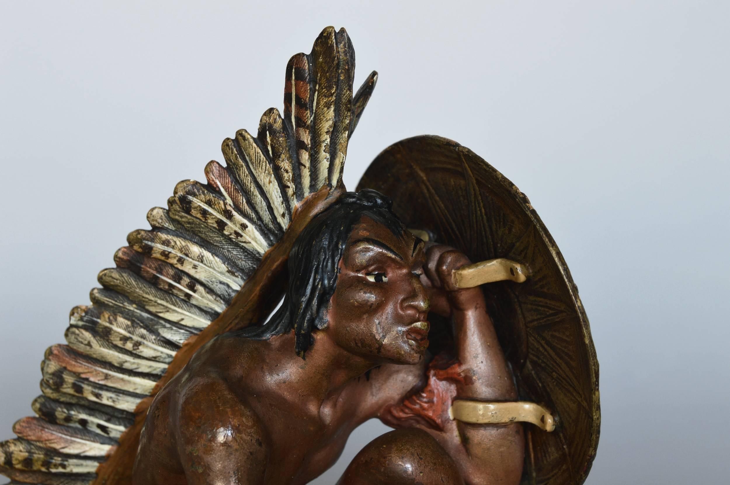 Native American Indian Sitting, bronze sculpture - Gold Figurative Sculpture by Franz Bergmann