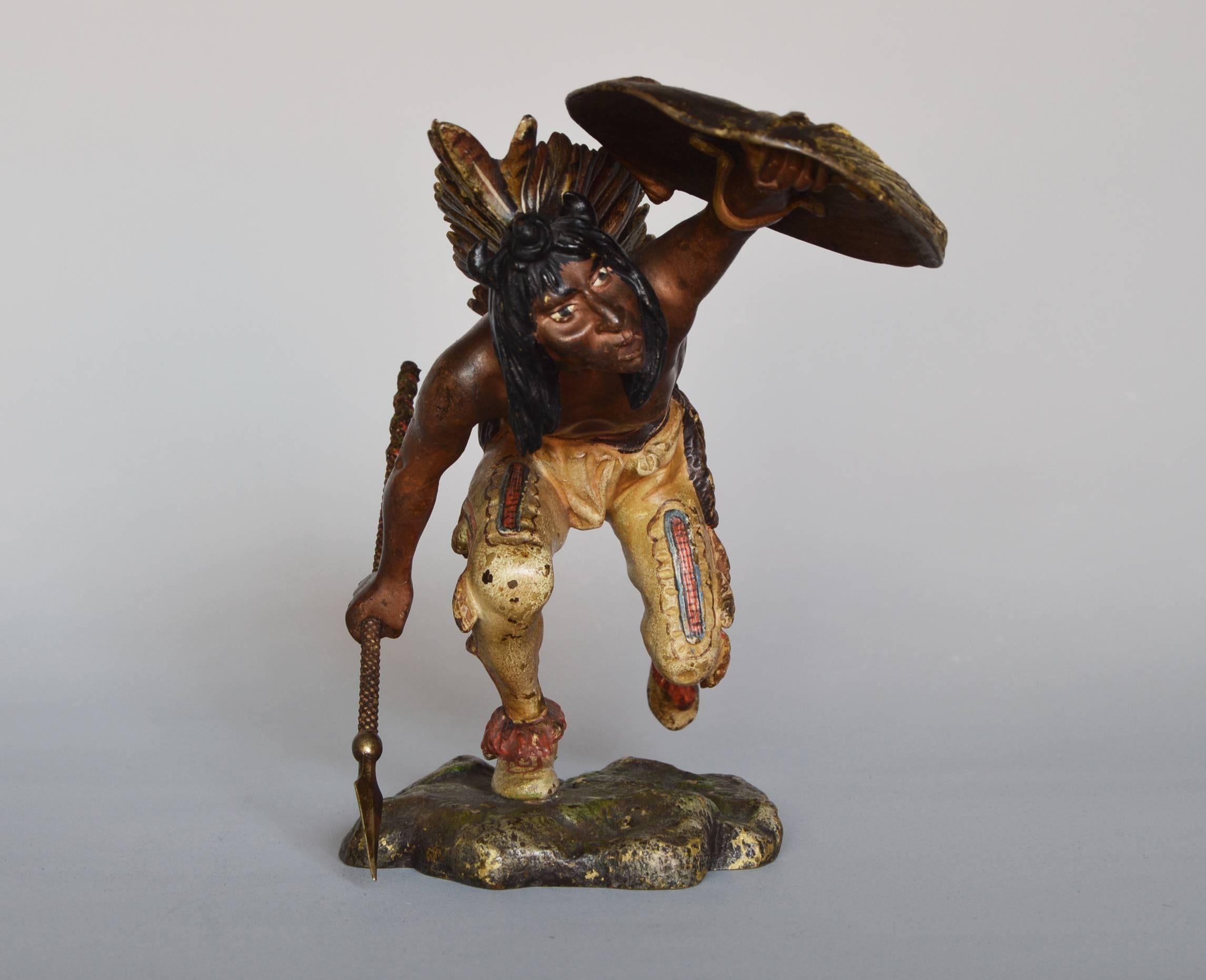 Franz Bergmann Figurative Sculpture - Native American Indian Crouching, bronze sculpture