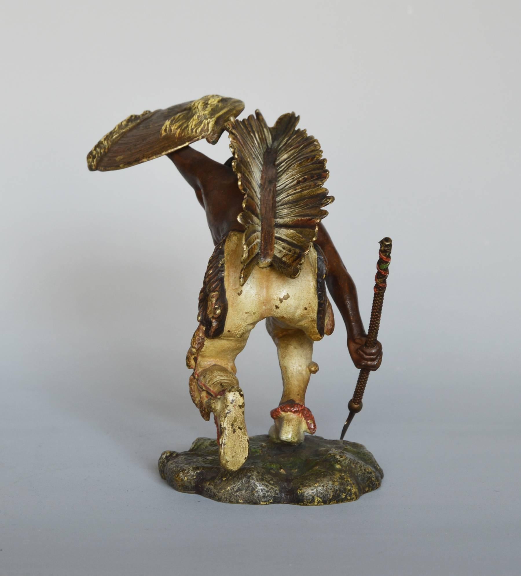 Native American Indian Crouching, bronze sculpture - Sculpture by Franz Bergmann