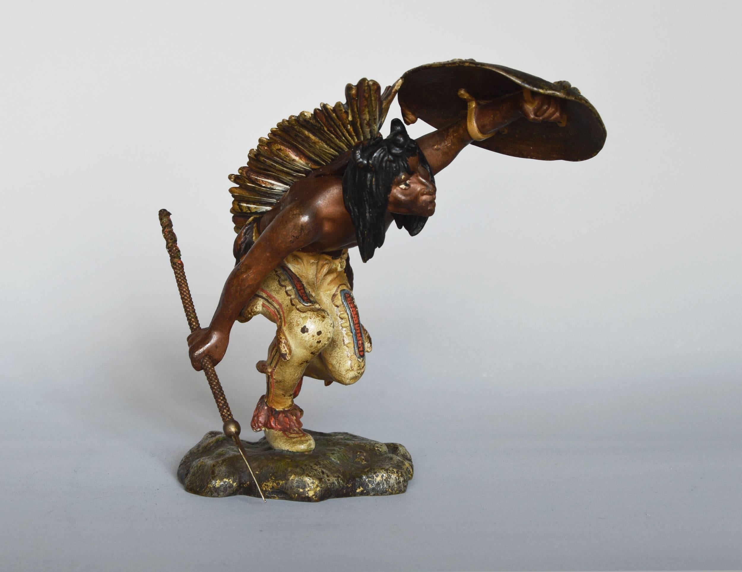 Native American Indian Crouching, bronze sculpture - Gold Figurative Sculpture by Franz Bergmann