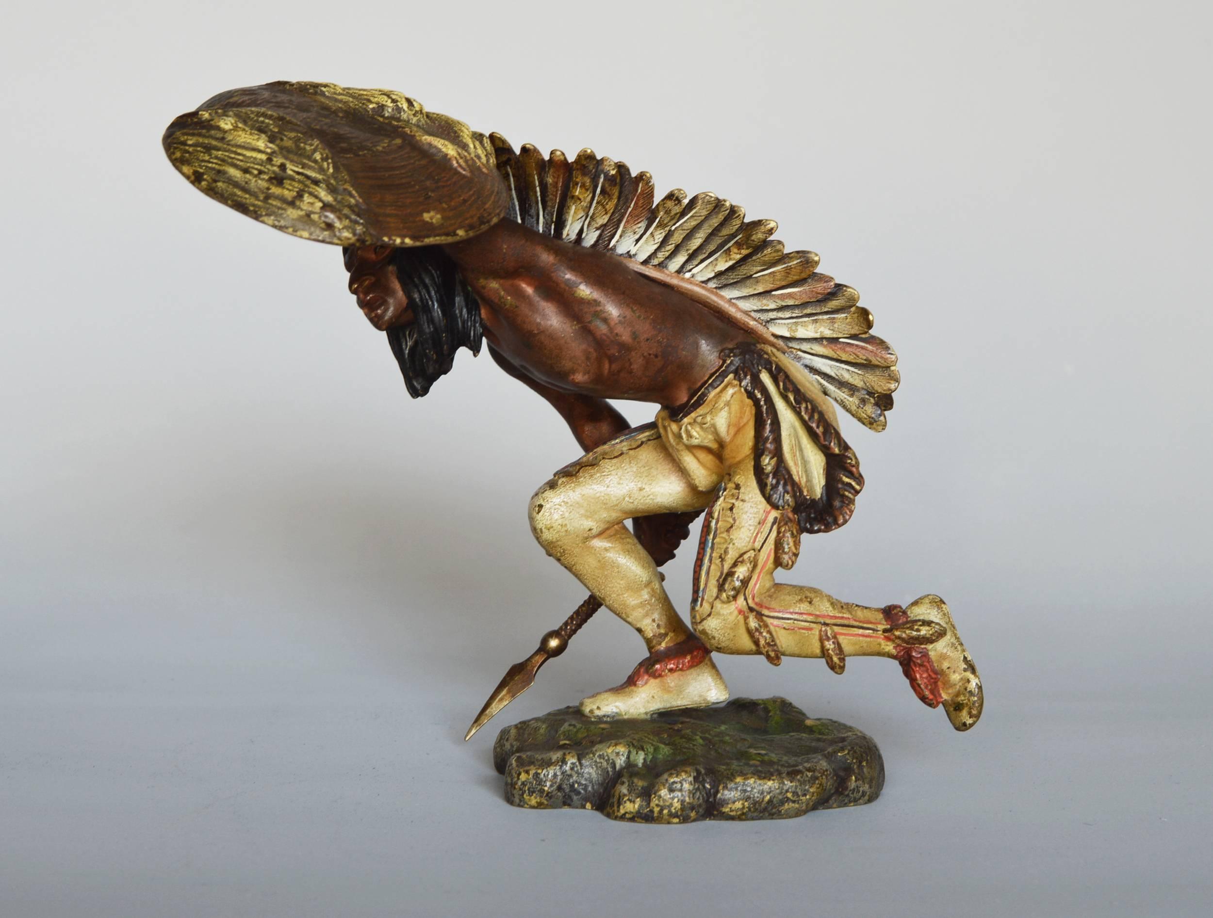 Franz Xavier Bergman
Austrian, (1861-1936)
Native American Indian Crouching
Bronze, cold painted, signed 'B' in a vase, numbered and stamped 'GESCHUTZT'
Height: 4¾ inches
Width: 4 inches
Depth: 5¼ inches

Franz Xavier Bergman was the son of