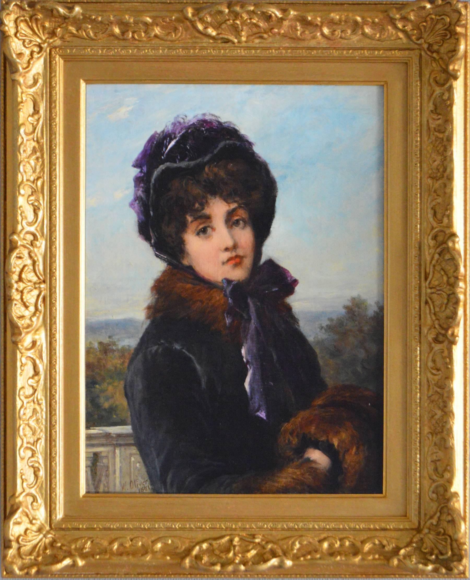 William Oliver Figurative Painting - Portrait of a Lady in a Purple Bonnet, oil on canvas 