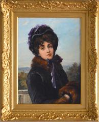 Porträt einer Dame in einer lila Bonnet:: Öl auf Leinwand