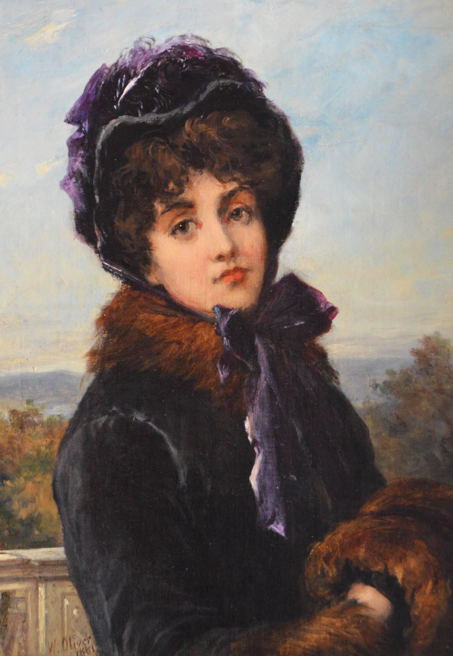 Portrait of a Lady in a Purple Bonnet, oil on canvas  - Painting by William Oliver