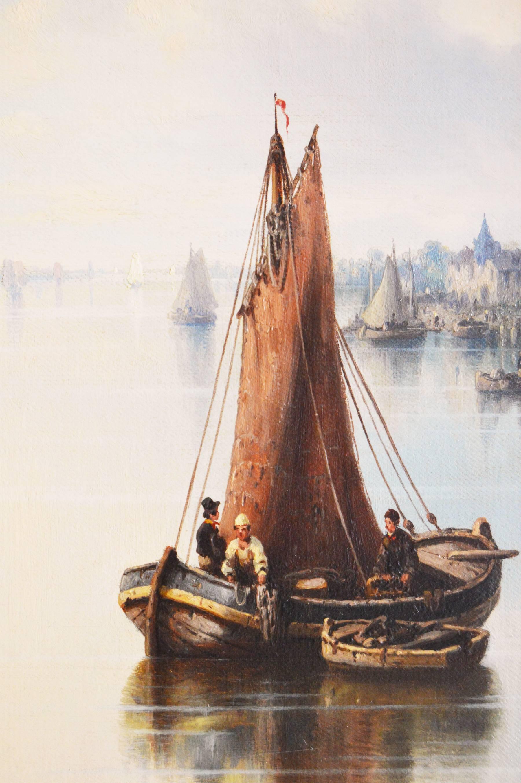 Harbour on the Rhine, oil on canvas - Victorian Painting by Ludwig Hermann
