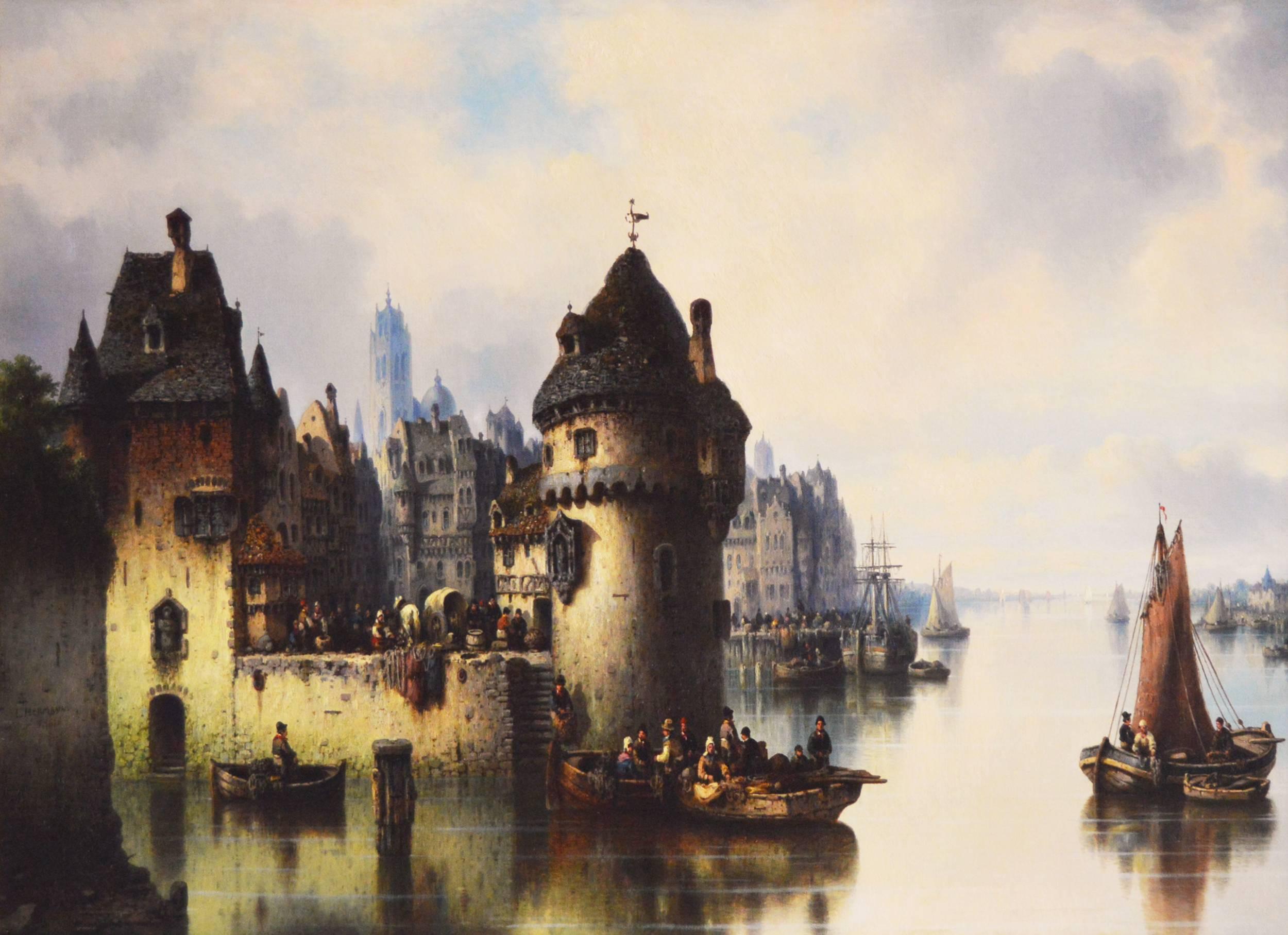 Harbour on the Rhine, oil on canvas - Painting by Ludwig Hermann