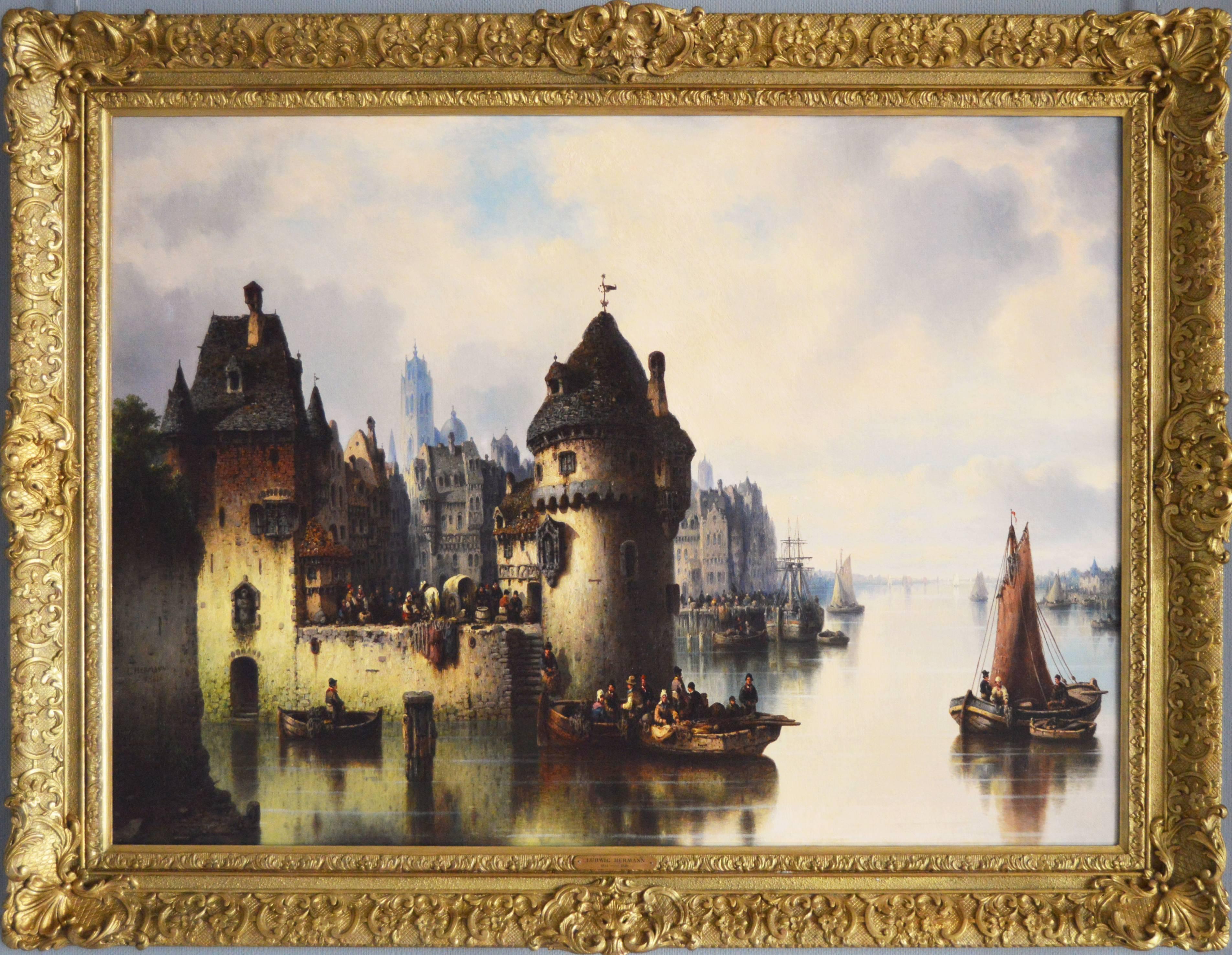 Ludwig Hermann Landscape Painting - Harbour on the Rhine, oil on canvas