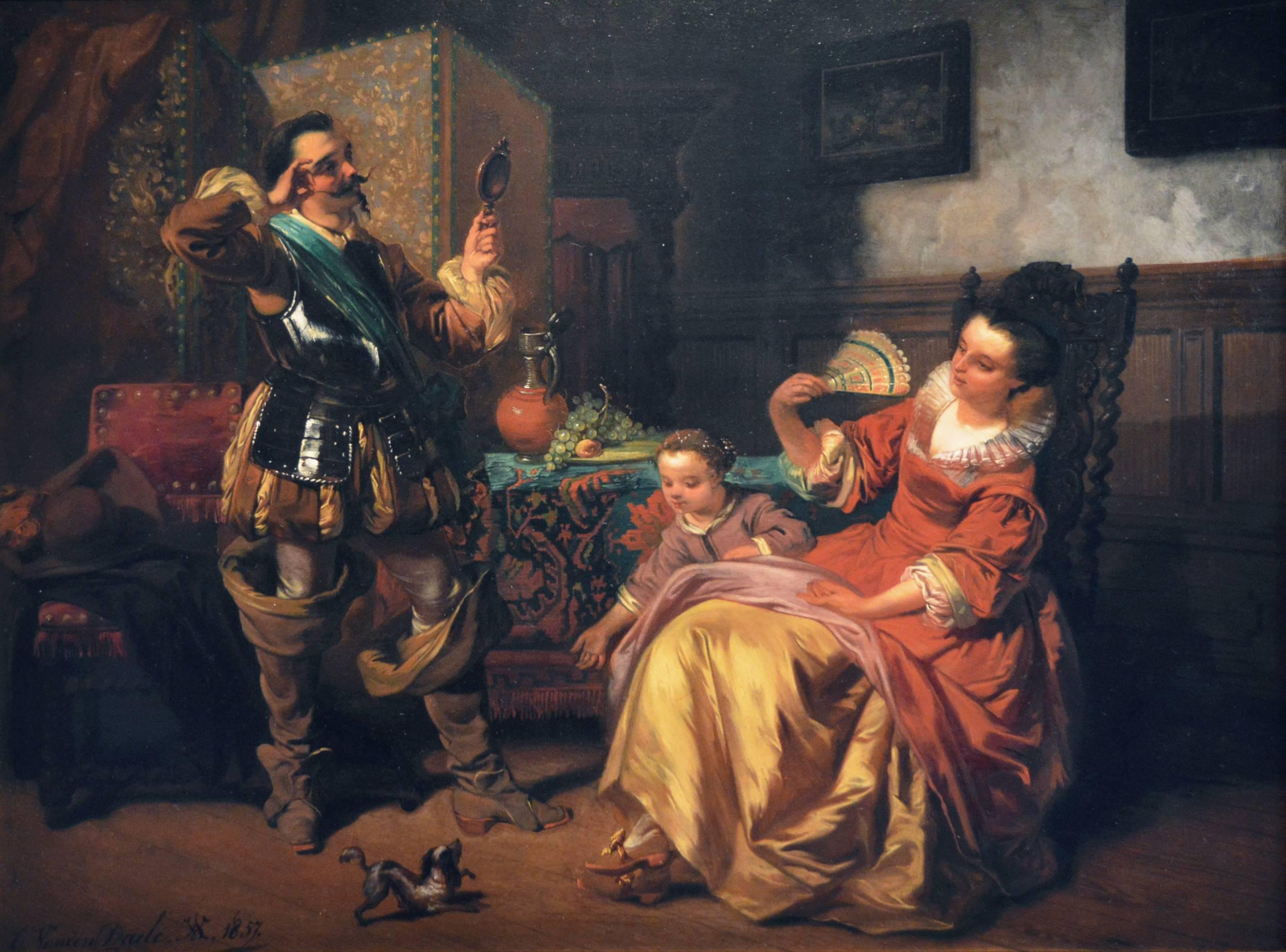 19th Century historical genre oil painting of a cavalier - Painting by Casimir van den Daele