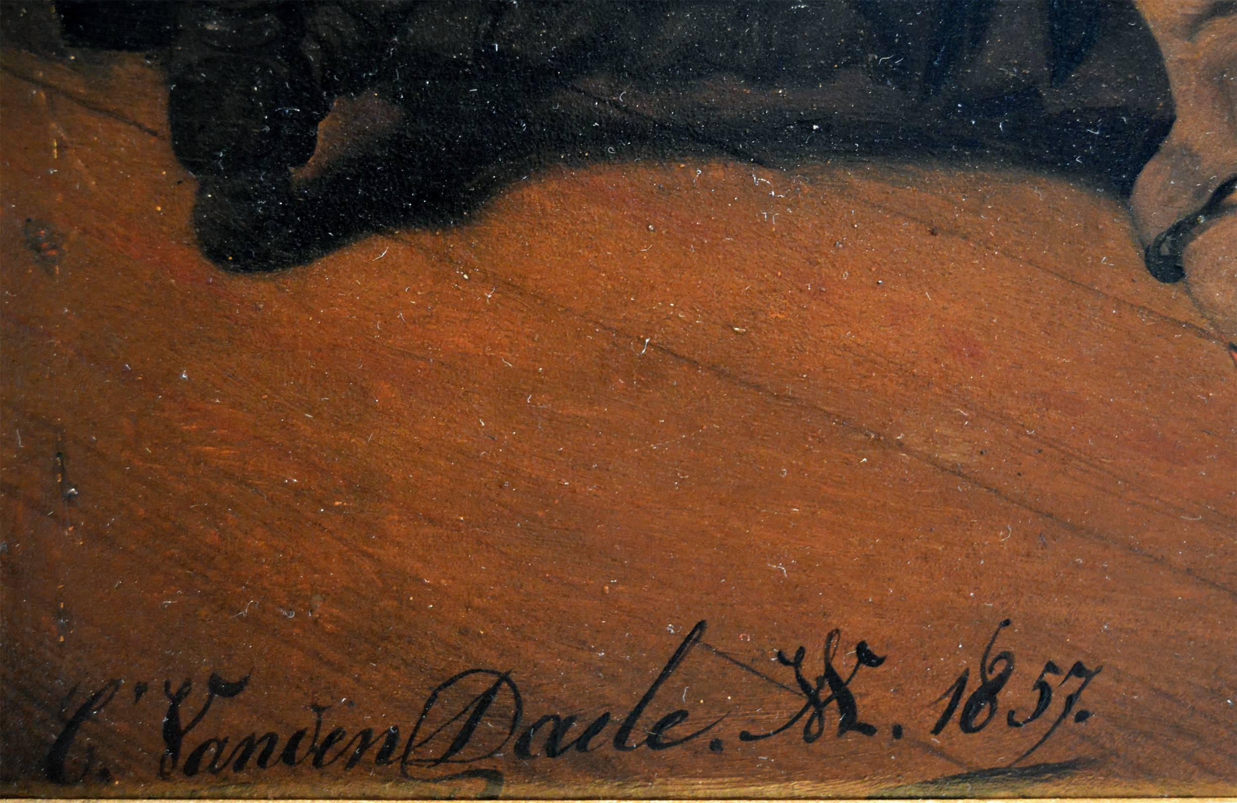 19th Century historical genre oil painting of a cavalier - Black Figurative Painting by Casimir van den Daele