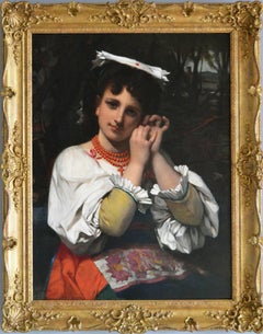 Antique 19th Century portrait oil painting of an Italian maiden
