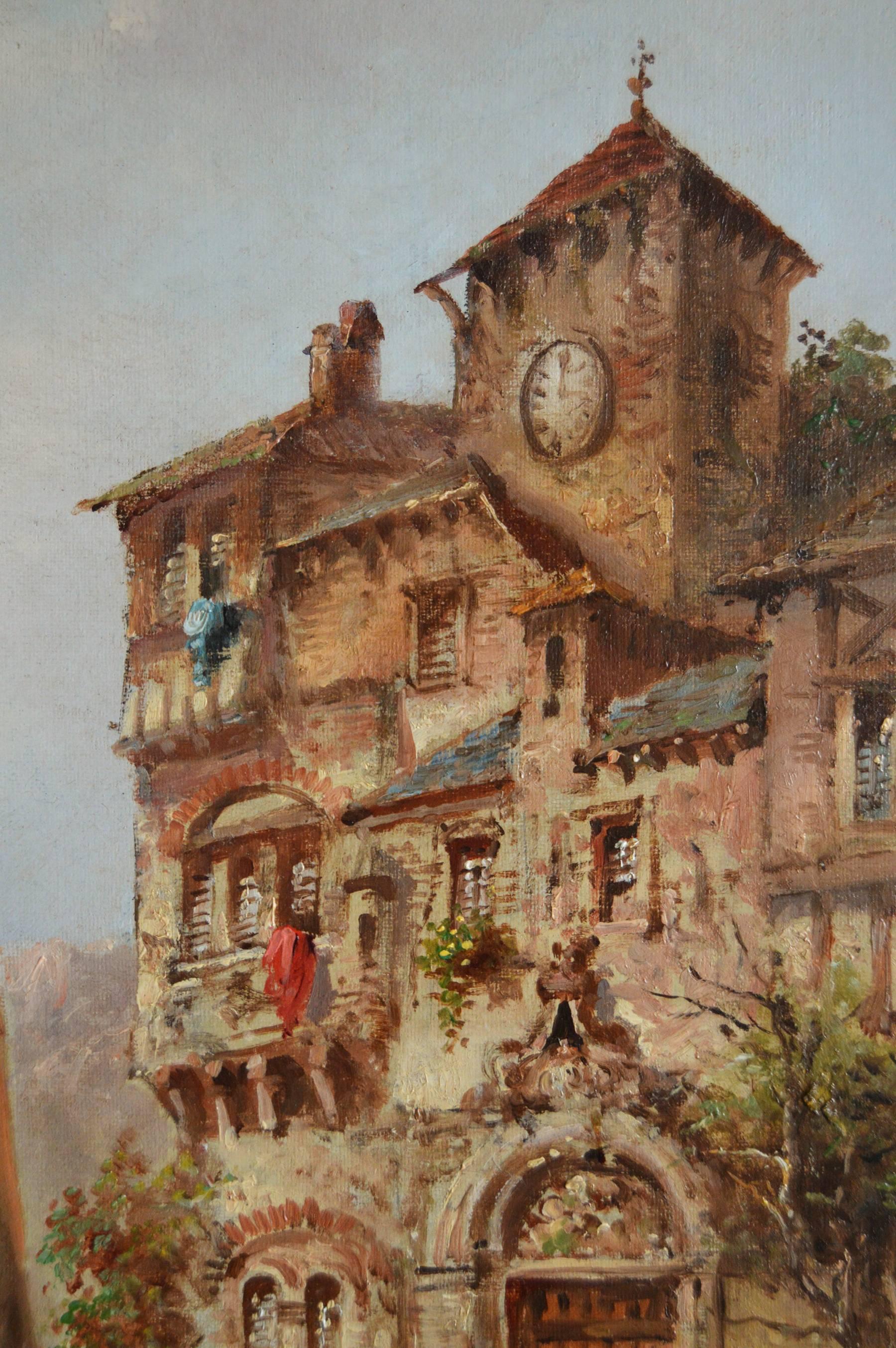 By the Clockhouse - Brown Figurative Painting by Felice Auguste Rezia