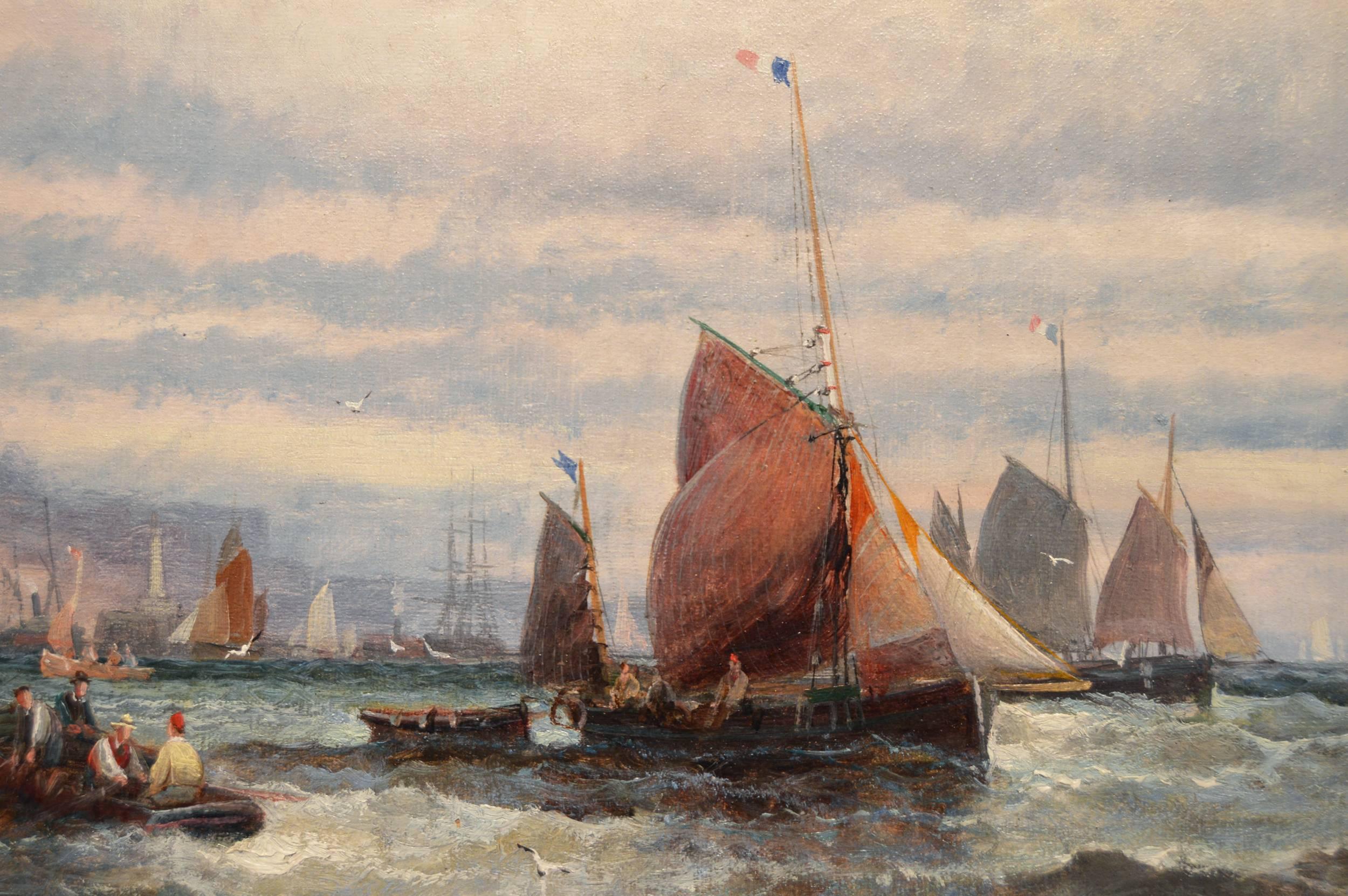 Fishing Boats, Boulogne; Hay Barges off the Thames - Victorian Painting by Hubert Thornley