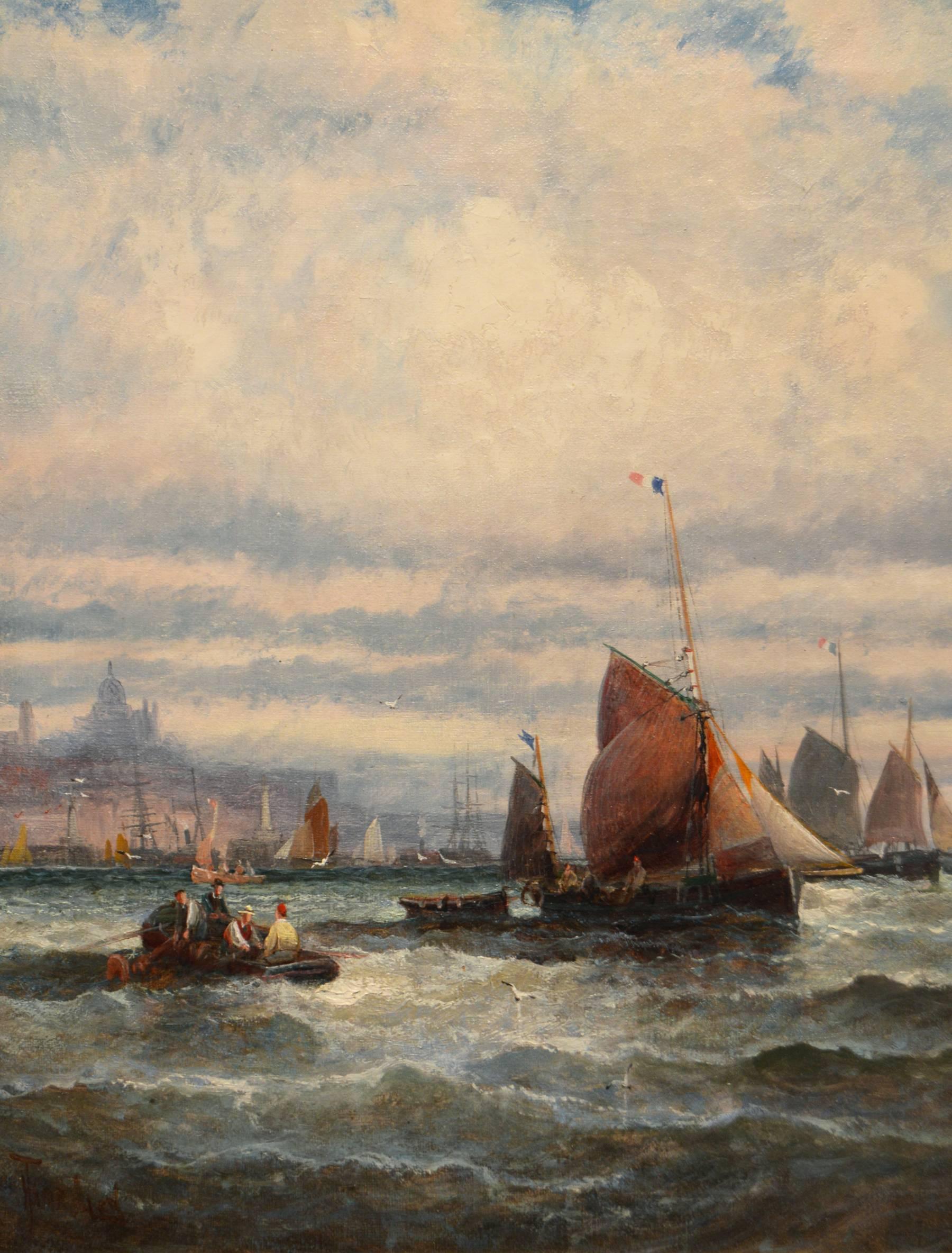 Fishing Boats, Boulogne; Hay Barges off the Thames - Painting by Hubert Thornley
