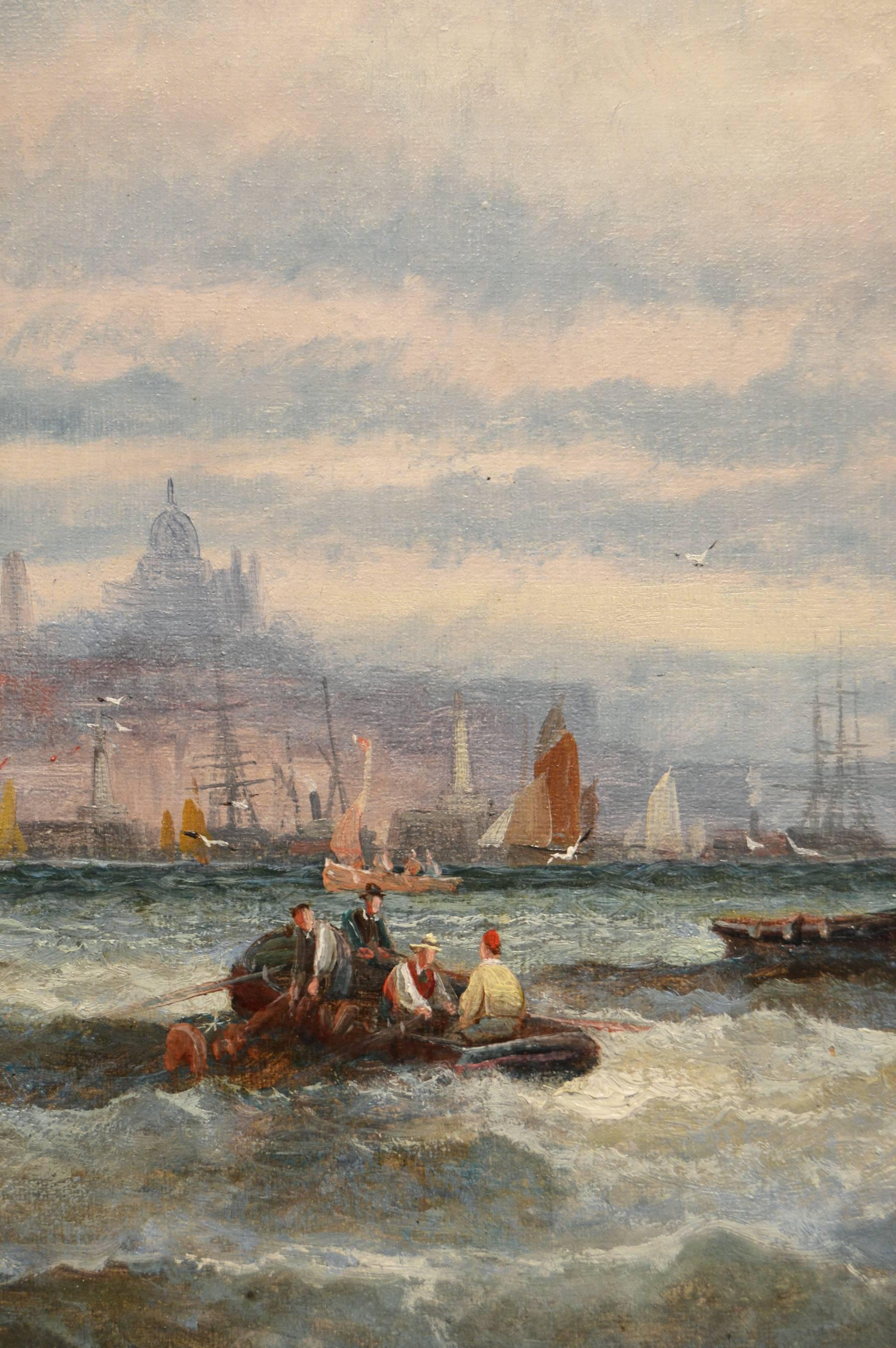 Fishing Boats, Boulogne; Hay Barges off the Thames - Brown Landscape Painting by Hubert Thornley