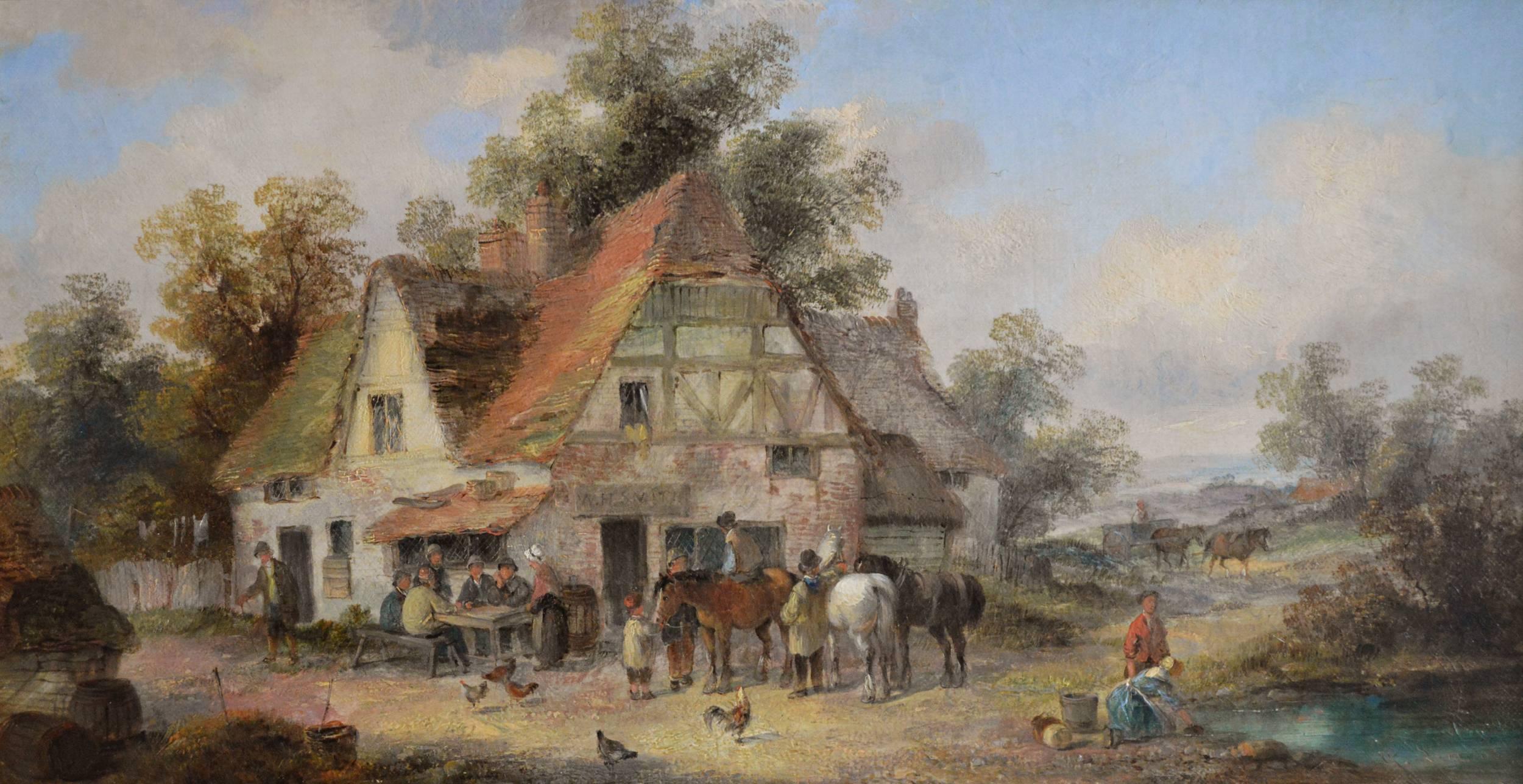 19th Century landscape oil painting of a village - Painting by Georgina Lara