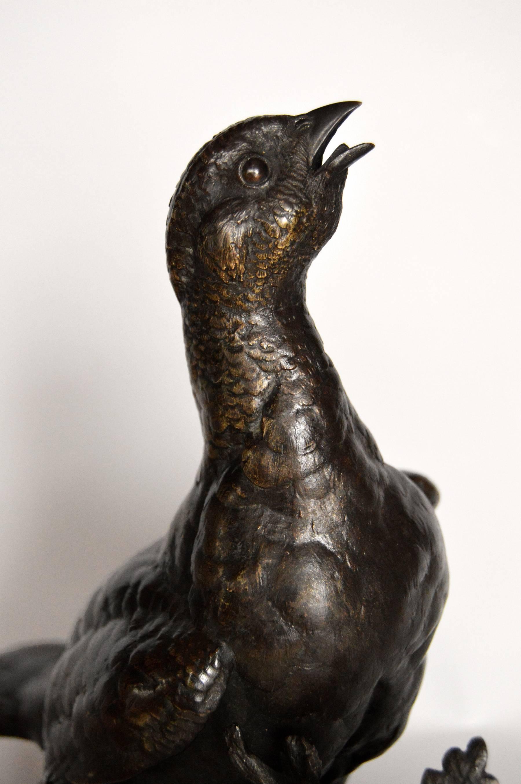 Jules Moigniez
French, (1835-1894)
Pheasant
Bronze, signed
Height: 10½ inches 
Width: 11 inches
Depth: 4½ inches
Jules Moigniez was a well-known animal sculptor who was born in Senlis in 1835, the son of a metal gilder. He studied under Paul