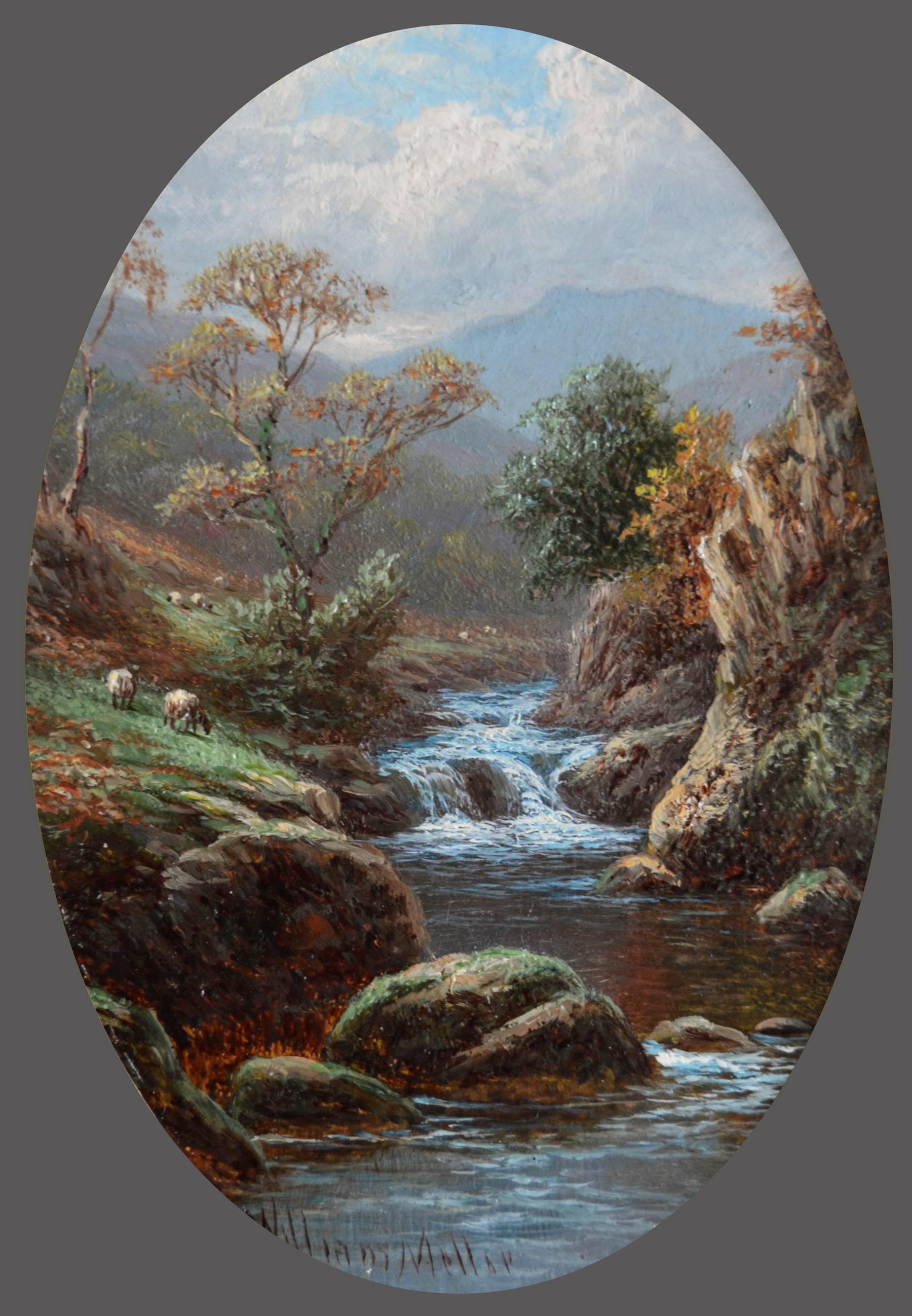William Mellor
British, (1851-1931)
On the Greta, near Barnard Castle;
On the Lledr North Wales
Oil on board, pair signed
Image size: 6 inches x 4 inches (oval)
Size including frame: 11½ inches x 9½ inches (oval)
Mellor was a landscape painter born
