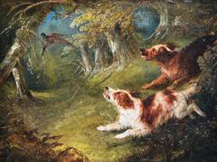 19th Century sporting landscape oil painting of spaniels flushing out
