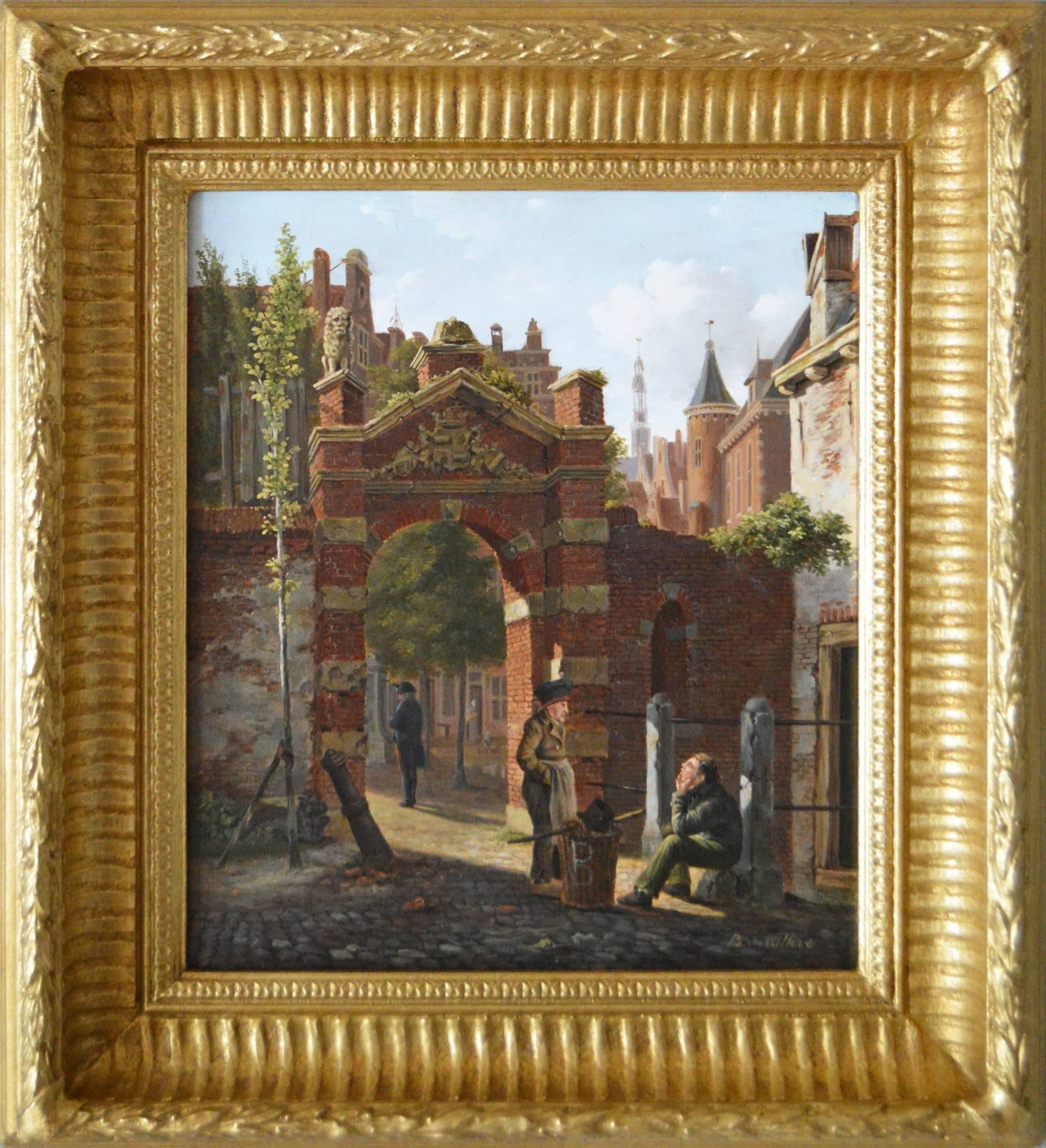 19th Century landscape oil painting of figures in a Dutch townscape