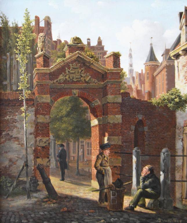 19th Century landscape oil painting of figures in a Dutch townscape - Painting by Johannes Bartholomeus van Hove