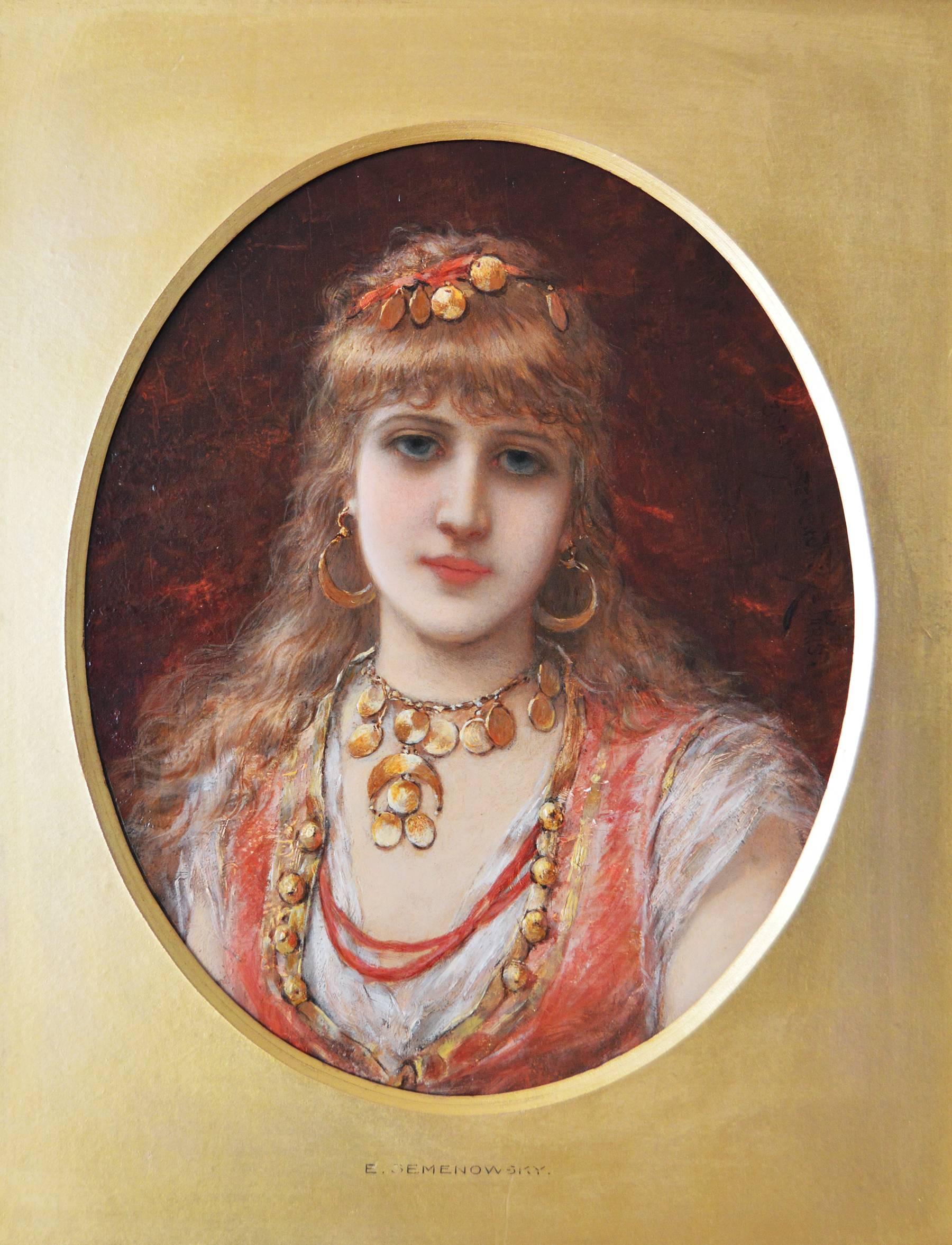 19th Century portrait oil painting of young woman - Painting by Émile Eisman-Semenowsky