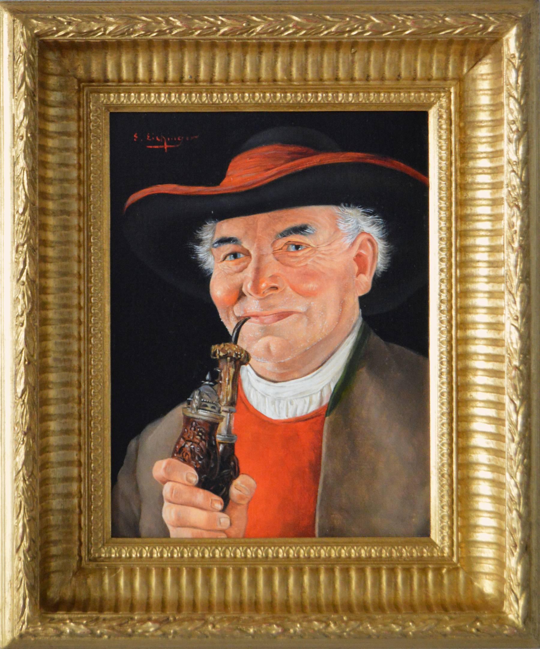 Portrait Painting Erwin Eichinger - Peinture à l'huile de portrait d'un homme autrichien avec une pipe