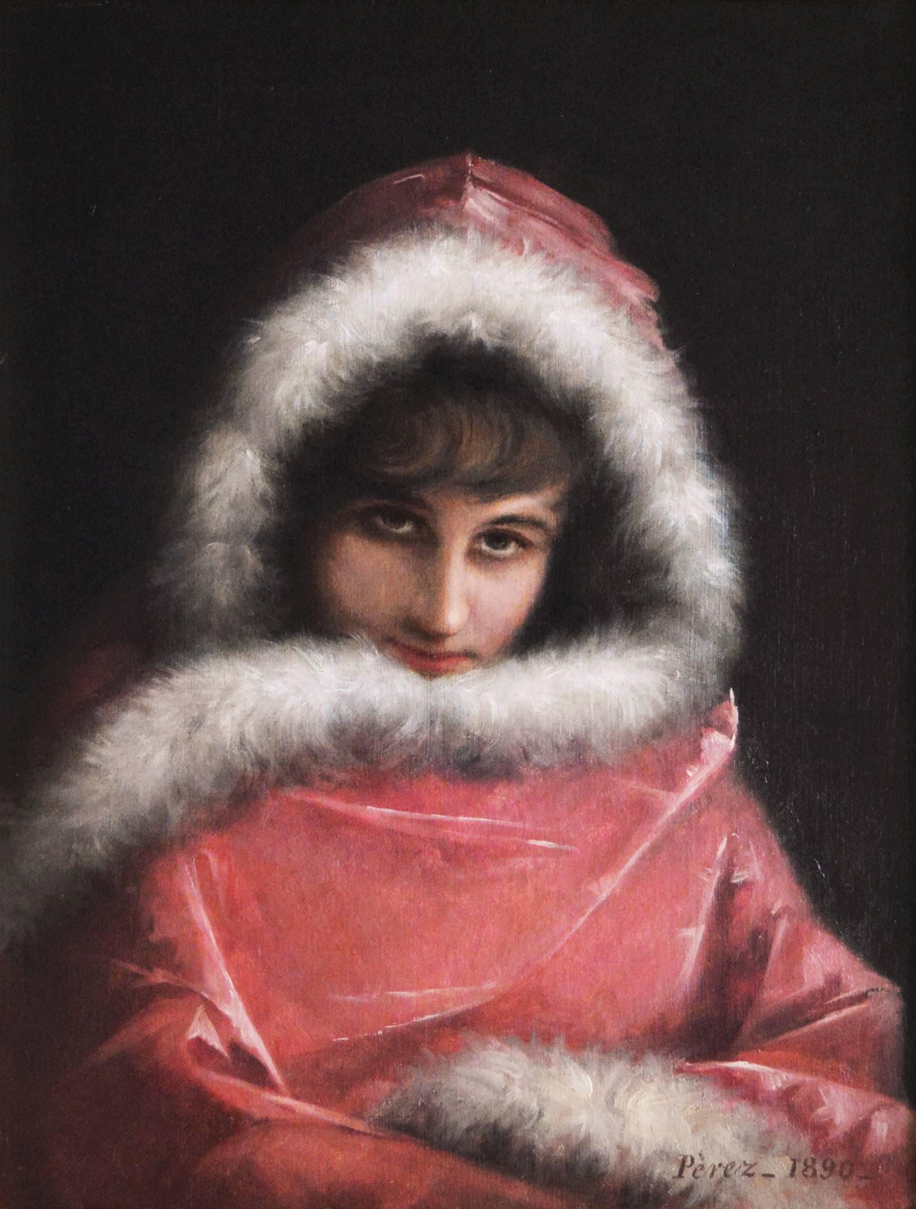 19th Century oil painting portrait of a young woman in a cloak - Painting by Mariano Alonso Pérez