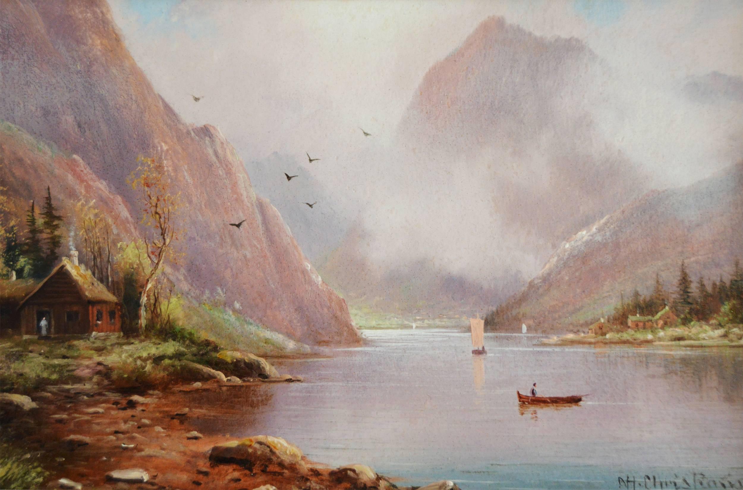 Pair of 19th Century lake scene oil paintings - Painting by Nils Hans Christiansen