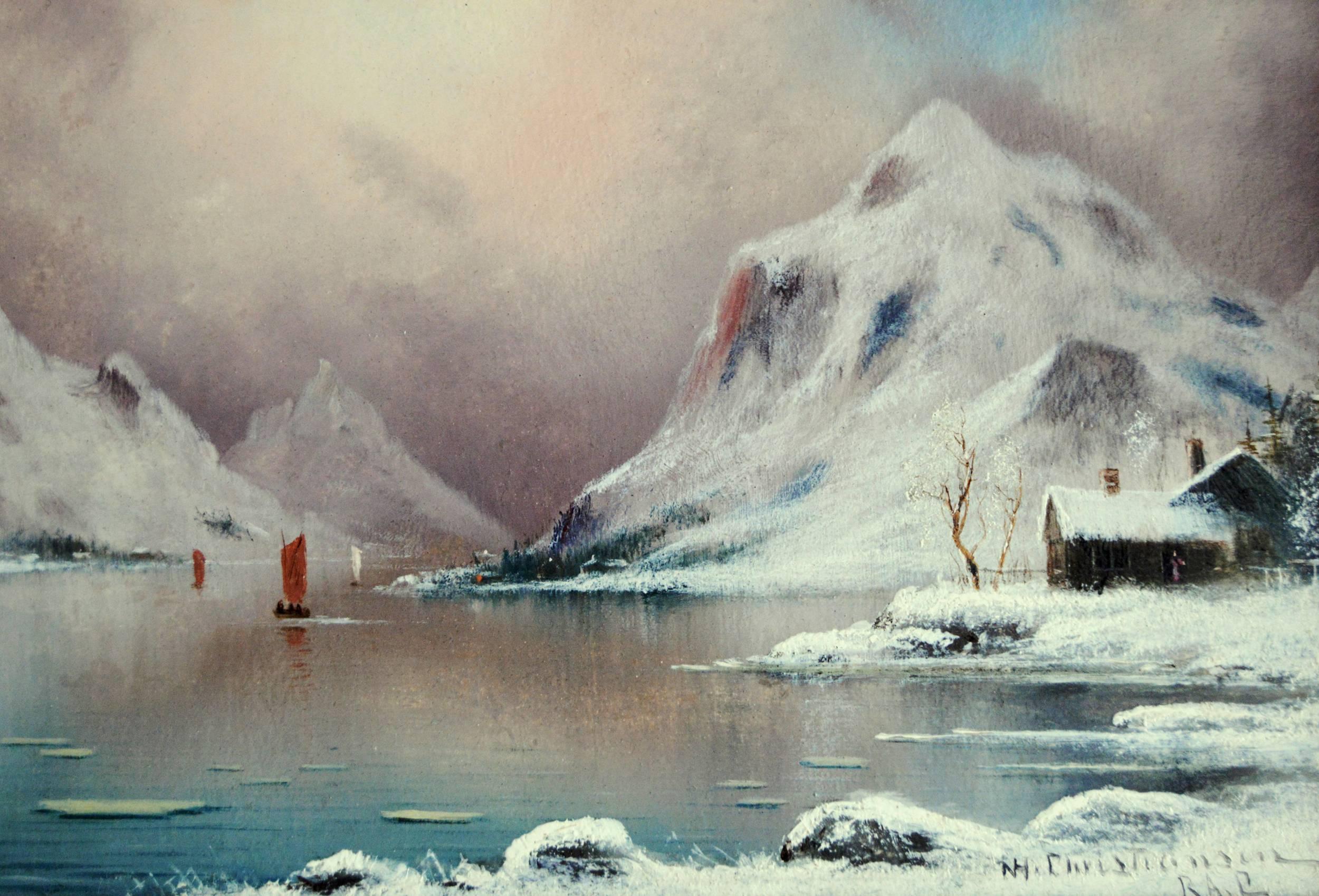 Pair of 19th Century lake scene oil paintings - Victorian Painting by Nils Hans Christiansen