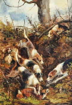 Paire de peintures à l'huile de chasse du XIXe siècle représentant une chasse