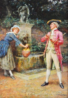19th Century genre oil painting of gentleman & a maiden by a fountain