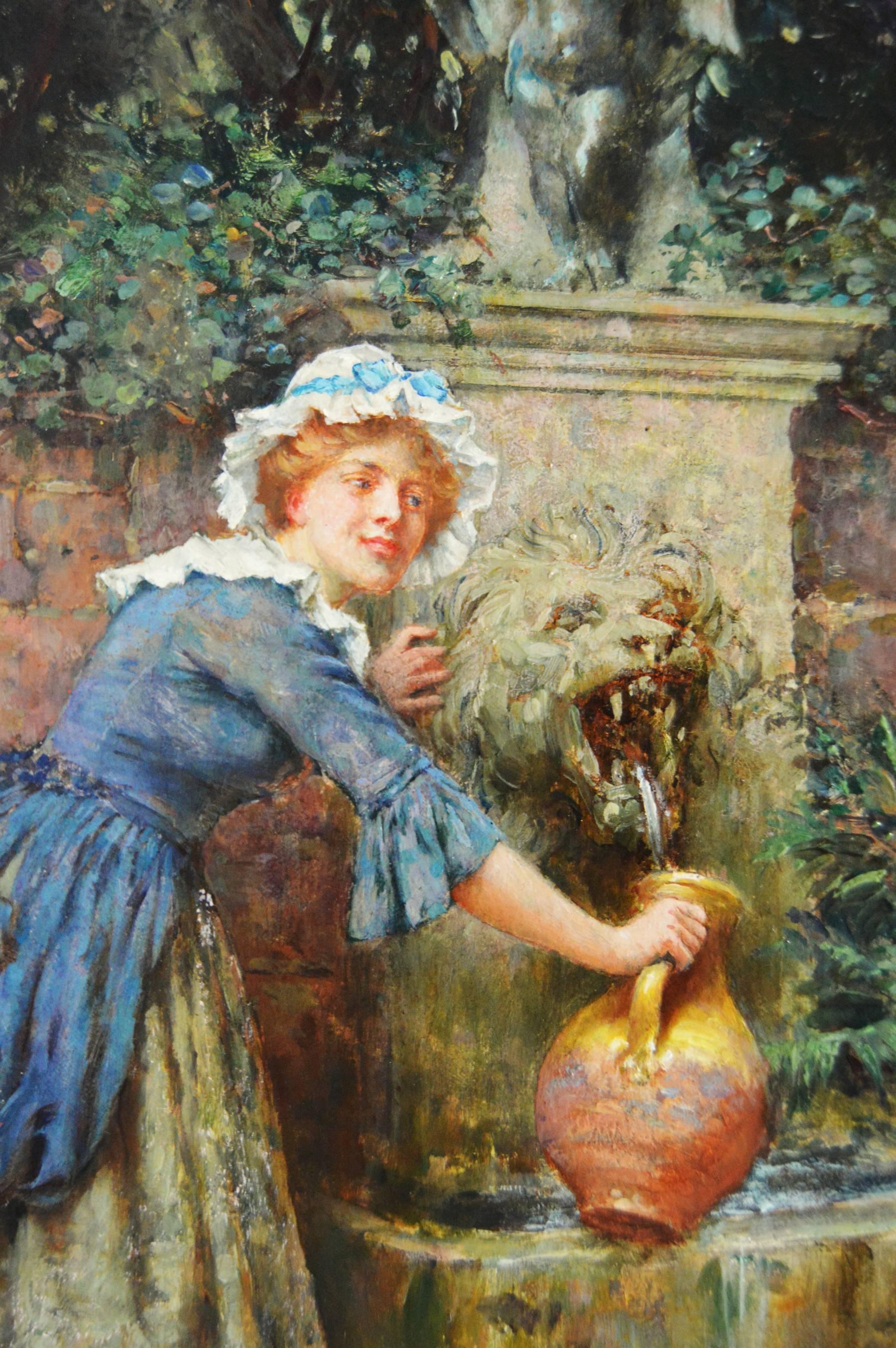 19th Century genre oil painting of gentleman & a maiden by a fountain - Victorian Painting by William Arthur Breakspeare