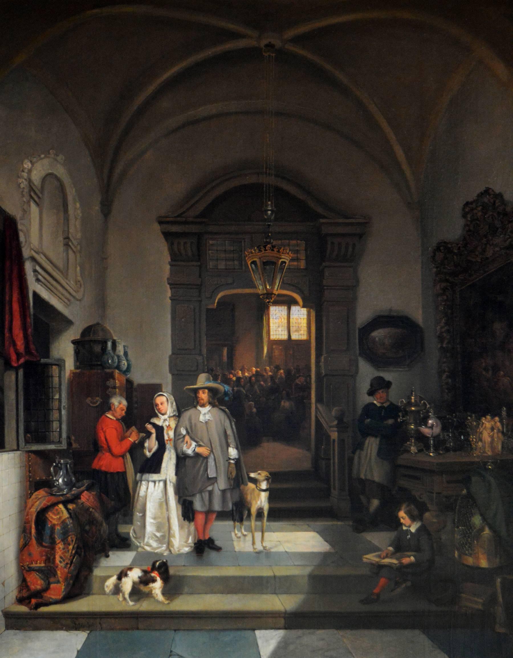 19th Century genre historical oil painting of an auction - Painting by Johannes Anthonie Balthasar Stroebel