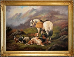 19th Century Highland sporting scene oil painting with dogs & a horse