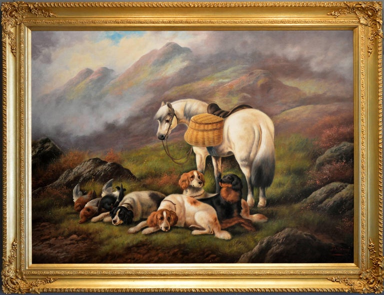 Robert Cleminson Animal Painting - 19th Century Highland sporting scene oil painting with dogs & a horse
