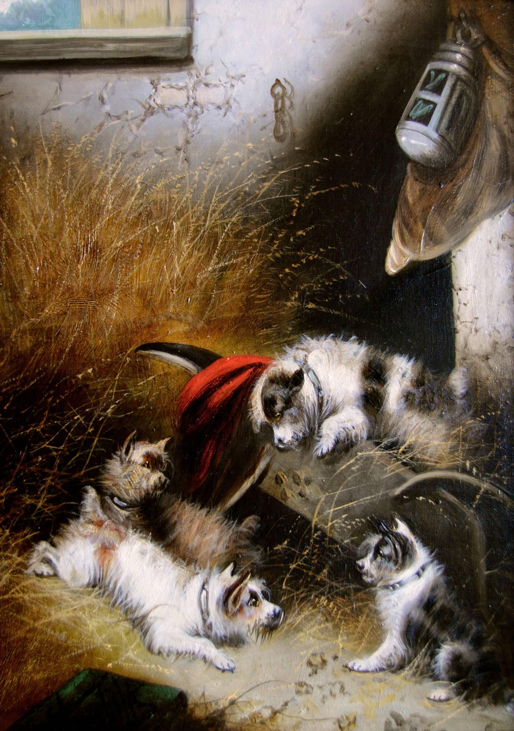 Pair of 19th Century sporting oil painting with terrier dogs - Victorian Painting by Edward Armfield