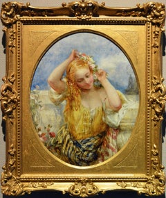 19th Century portrait oil painting of a young woman with flowers
