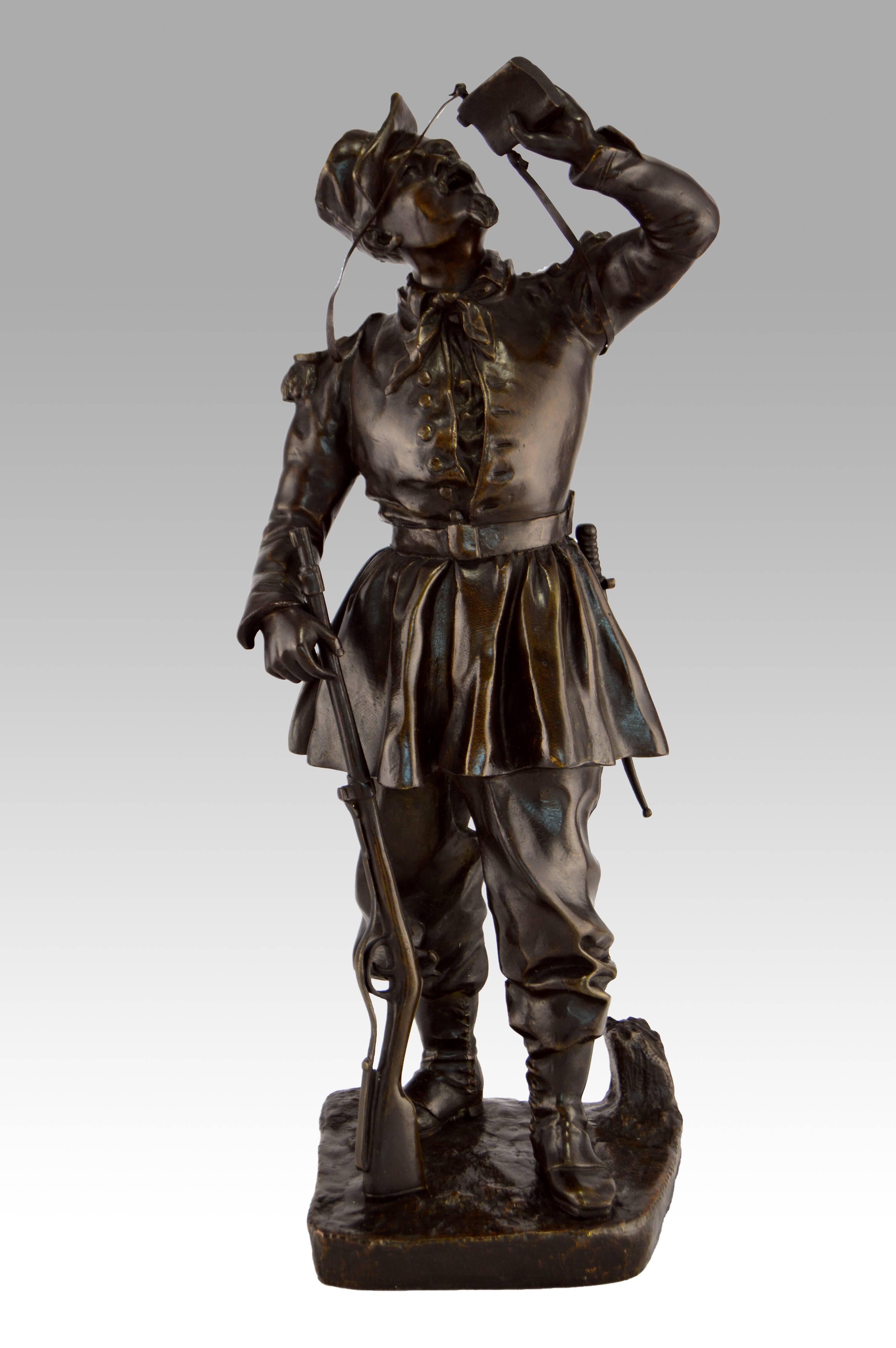 Léopold Eugène Kampf Figurative Sculpture - 19th Century French bronze sculpture of a soldier