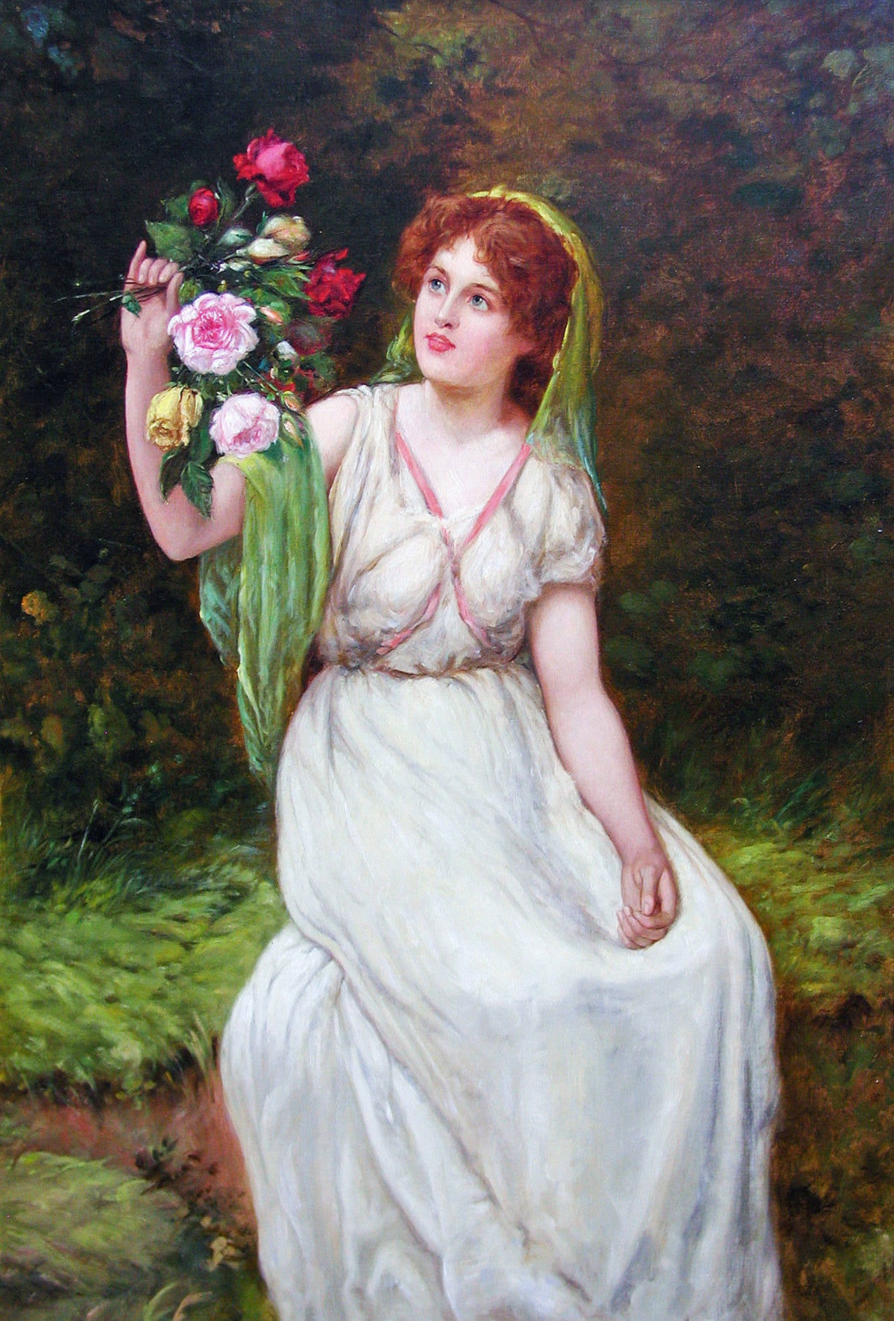 19th Century genre painting of a maiden holding flowers - Painting by William Oliver