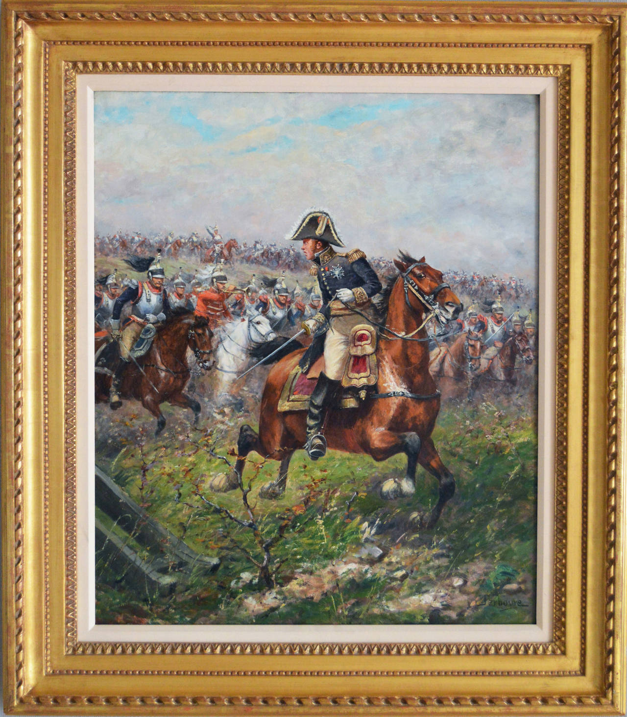 Paul Emile Léon Perboyre Landscape Painting - General Leading a Charge of the French Cuirassiers at Waterloo, oil on canvas
