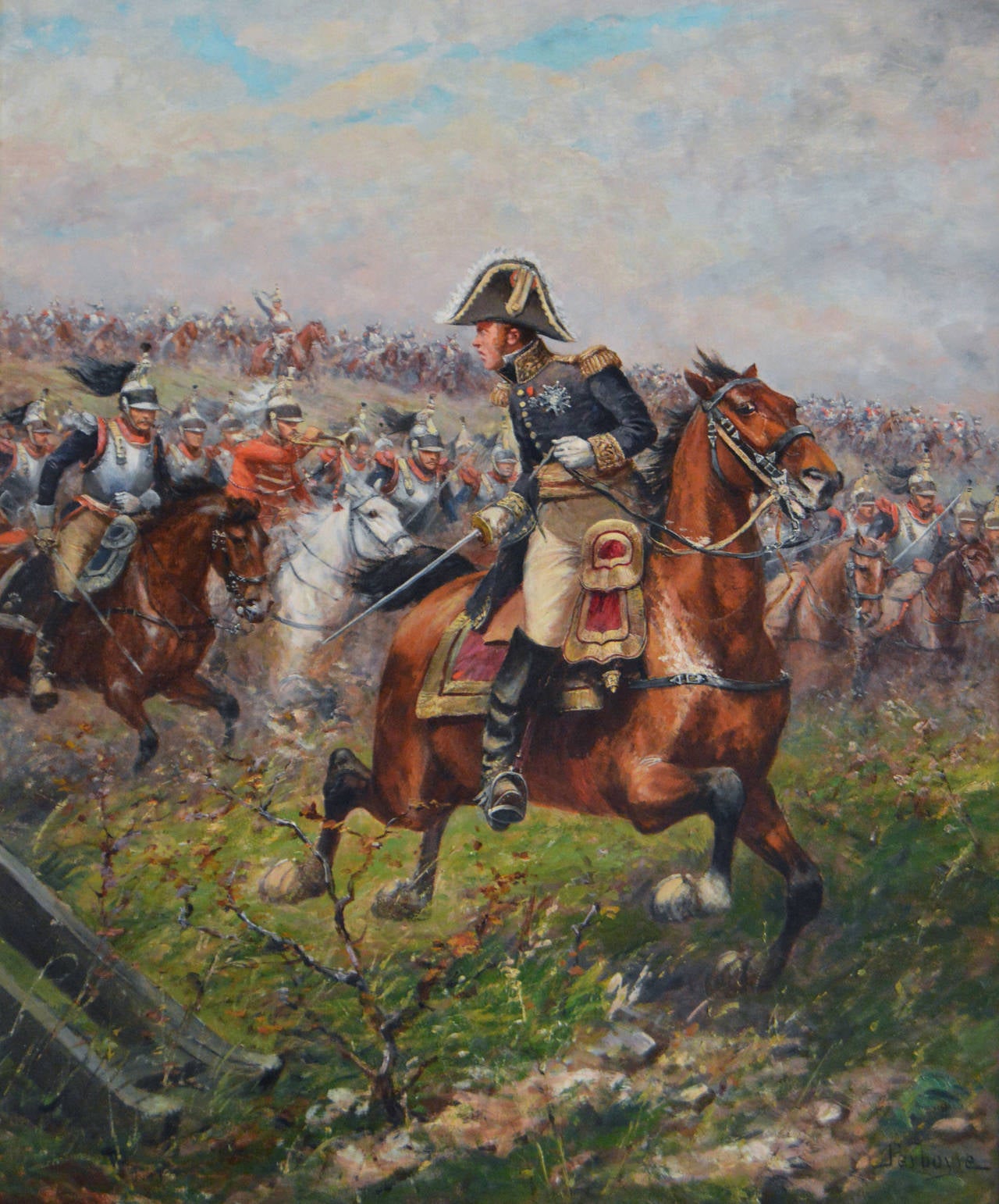 General Leading a Charge of the French Cuirassiers at Waterloo, oil on canvas - Painting by Paul Emile Léon Perboyre