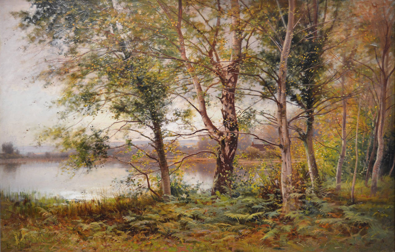 Large scale landscape oil painting of a woodland lake - Painting by Ernest Parton