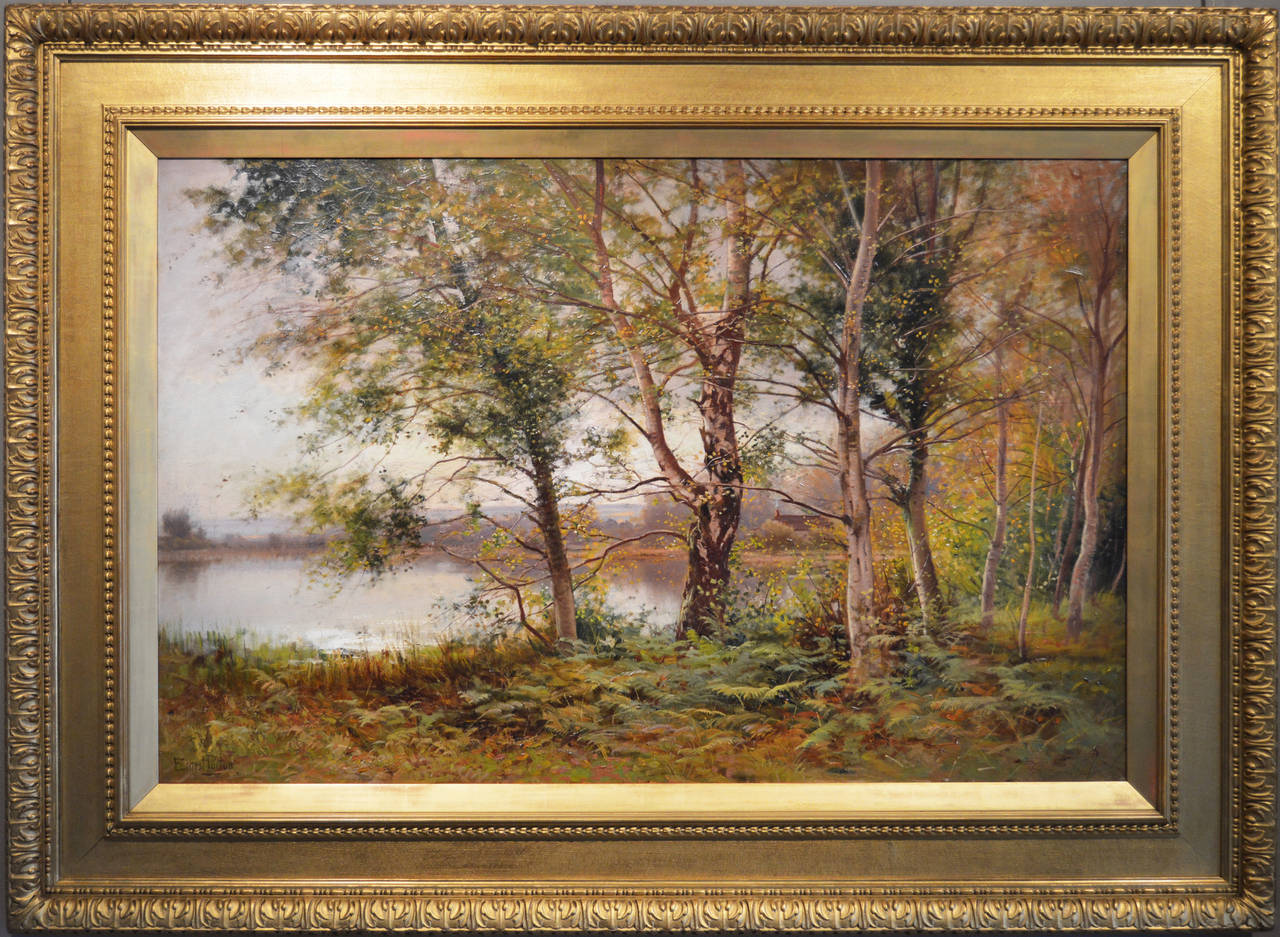 Ernest Parton Landscape Painting - Large scale landscape oil painting of a woodland lake
