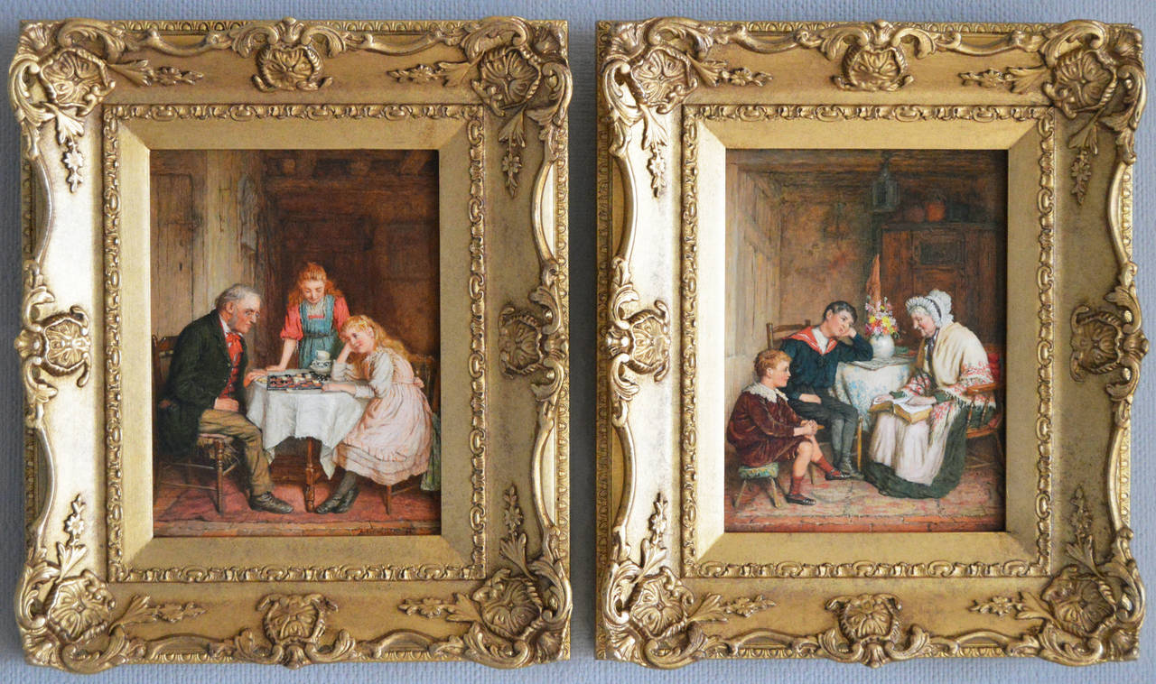 Unknown Interior Painting - Draughts with Grampa & A Story from Grandma, oil on panel, pair
