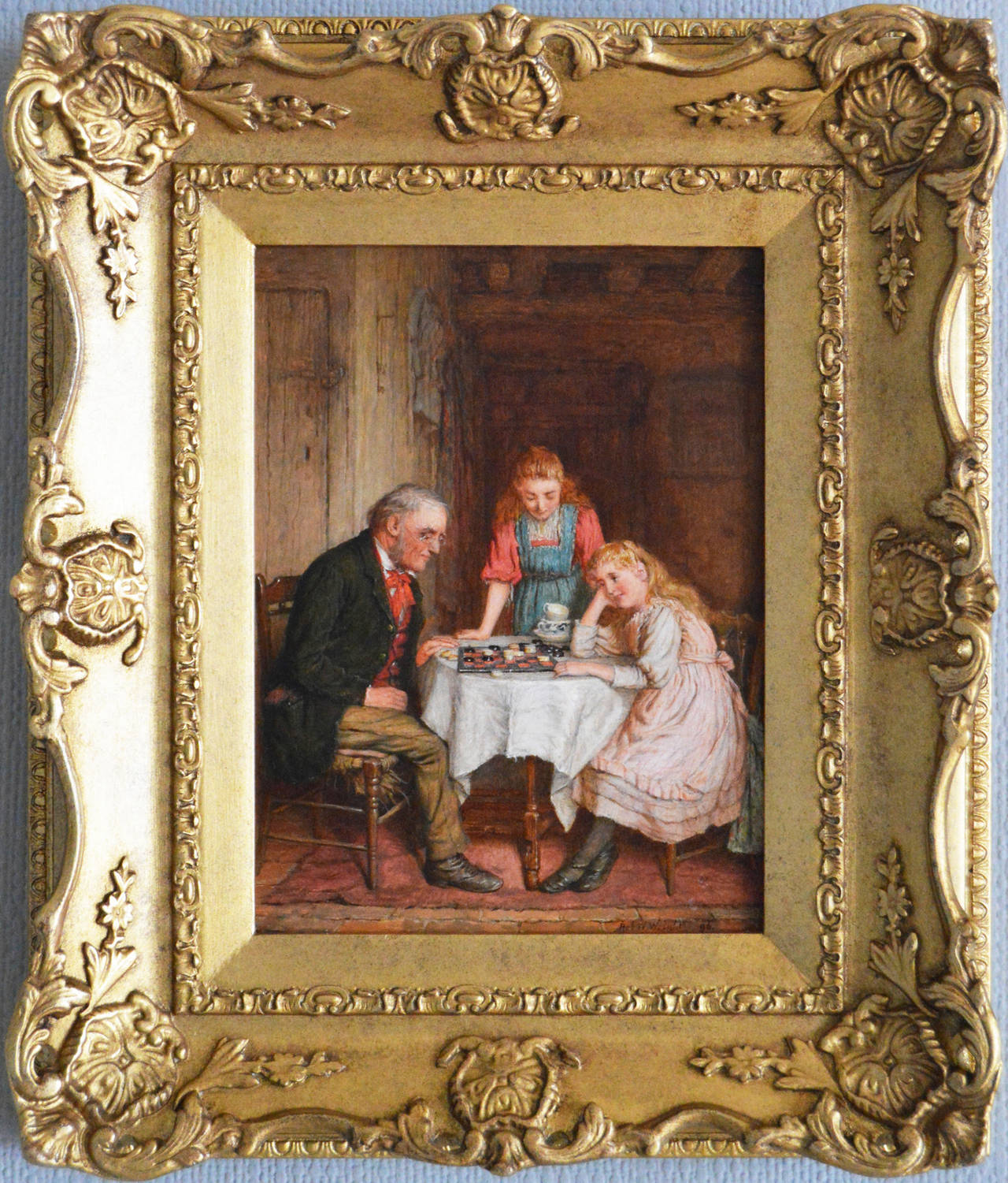 Draughts with Grampa & A Story from Grandma, oil on panel, pair - Painting by Unknown