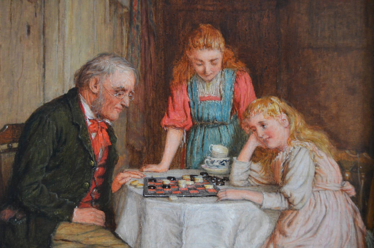 Draughts with Grampa & A Story from Grandma, oil on panel, pair - Victorian Painting by Unknown