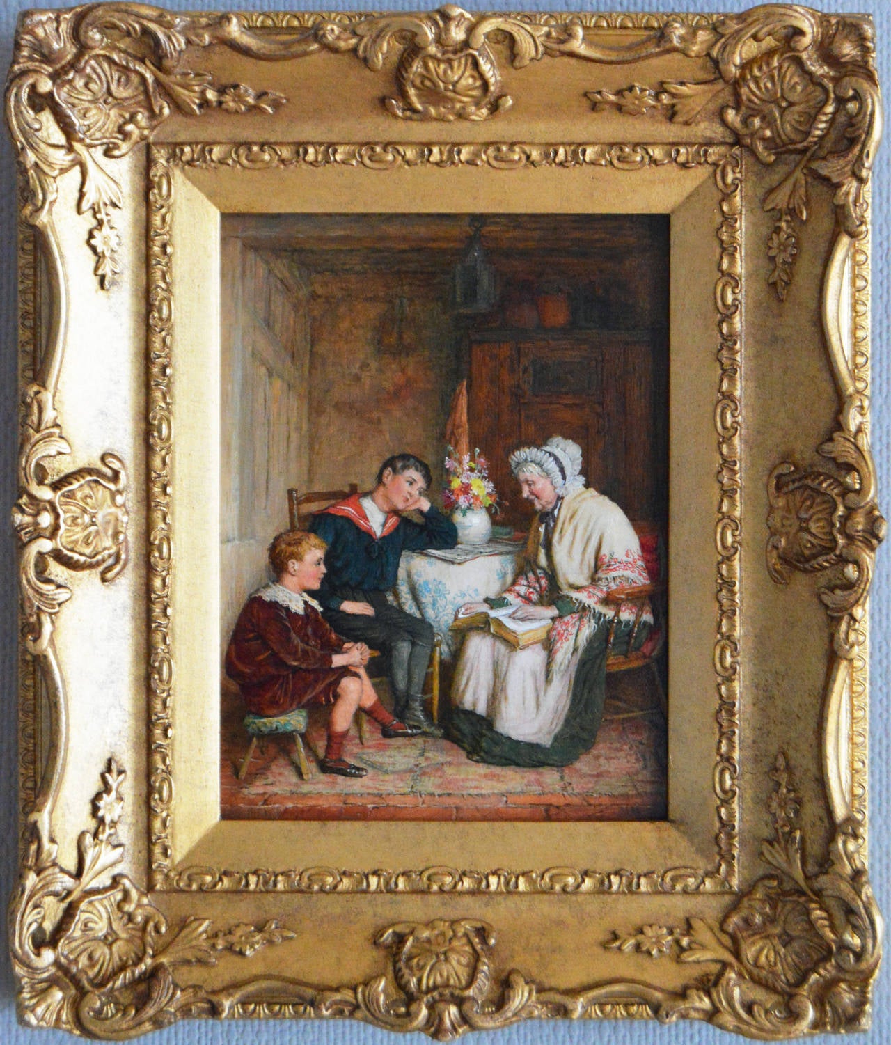 Robert W Wright
British, (b.1850 exh. 1871-1902)
Draughts with Grampa & A Story from Grandma
Oil on panel, pair, both signed & dated 96
Image size: 8 inches x 6 inches
Size including frame: 12½ inches x 10½ inches

Robert William Wright was