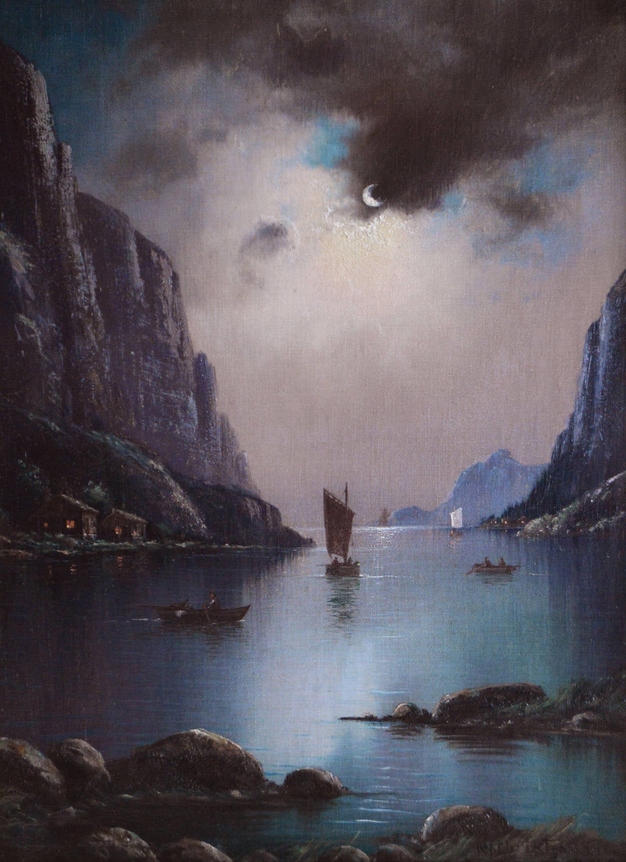 Moonlit Fjord, oil on canvas - Painting by Nils Hans Christiansen