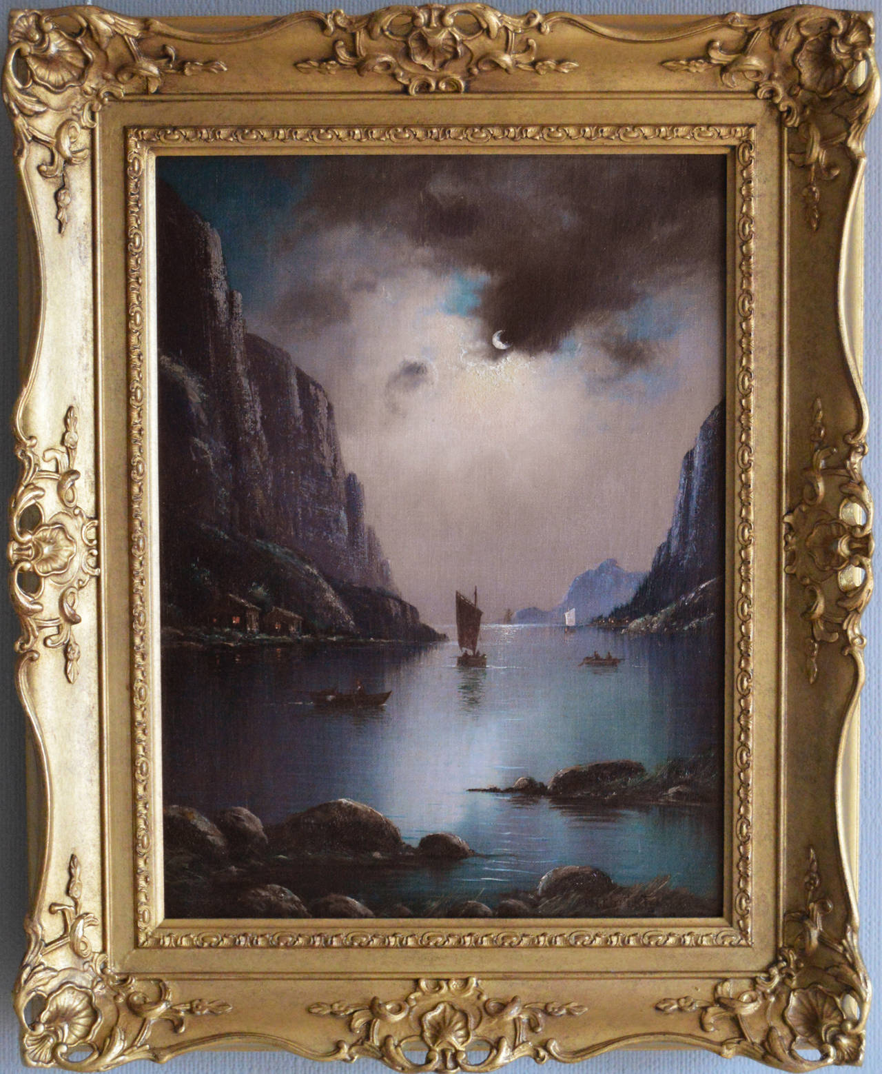 Nils Hans Christiansen Landscape Painting - Moonlit Fjord, oil on canvas